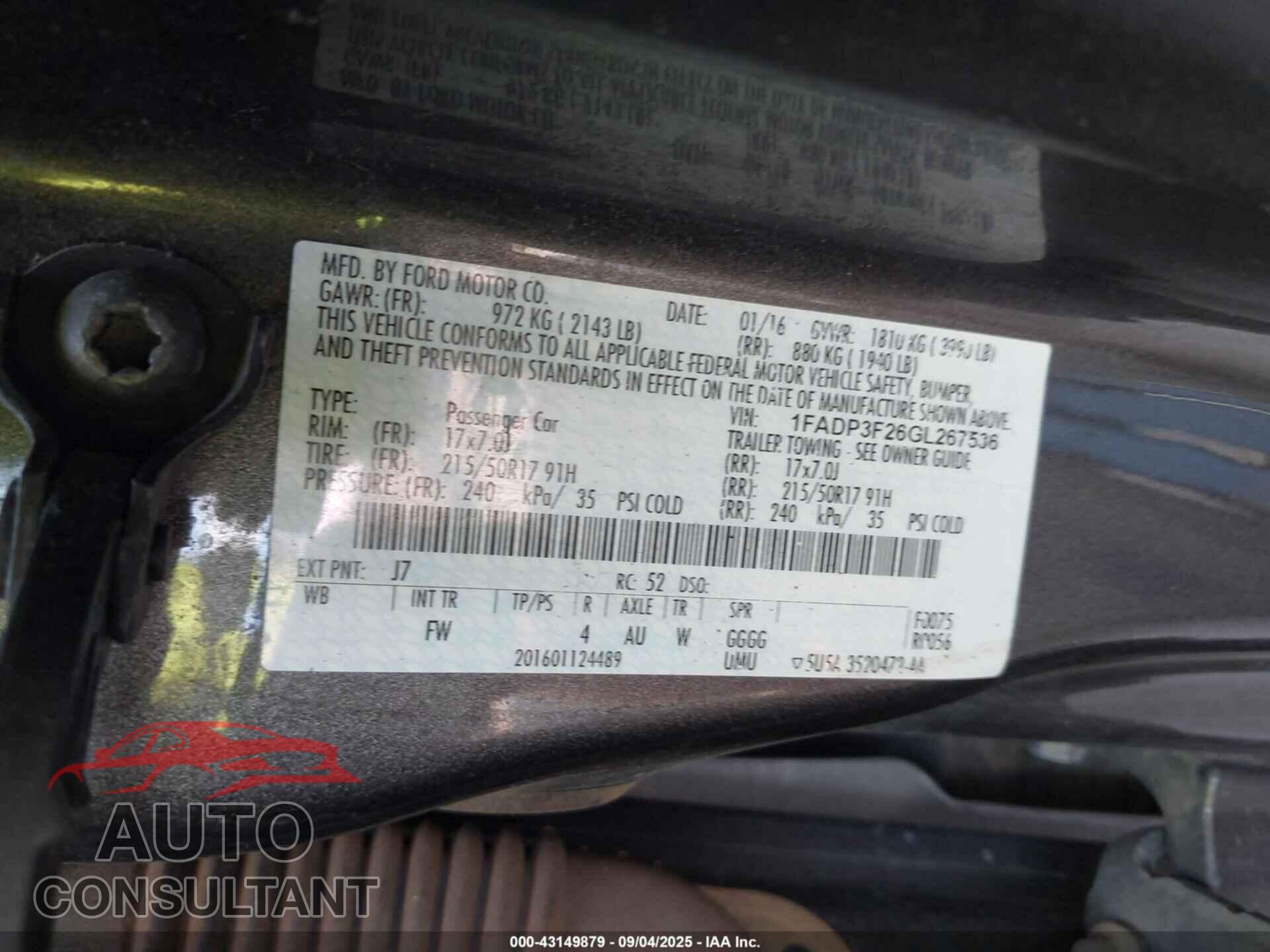 FORD FOCUS 2016 - 1FADP3F26GL267536