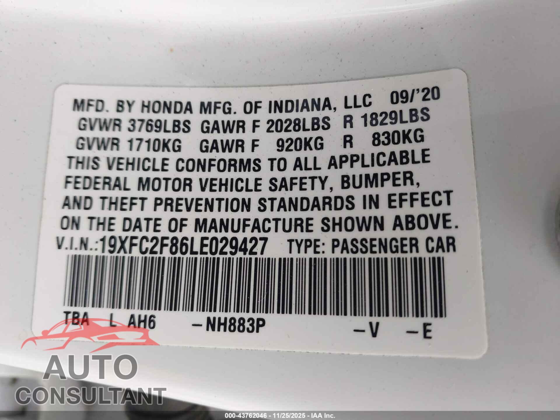 HONDA CIVIC 2020 - 19XFC2F86LE029427