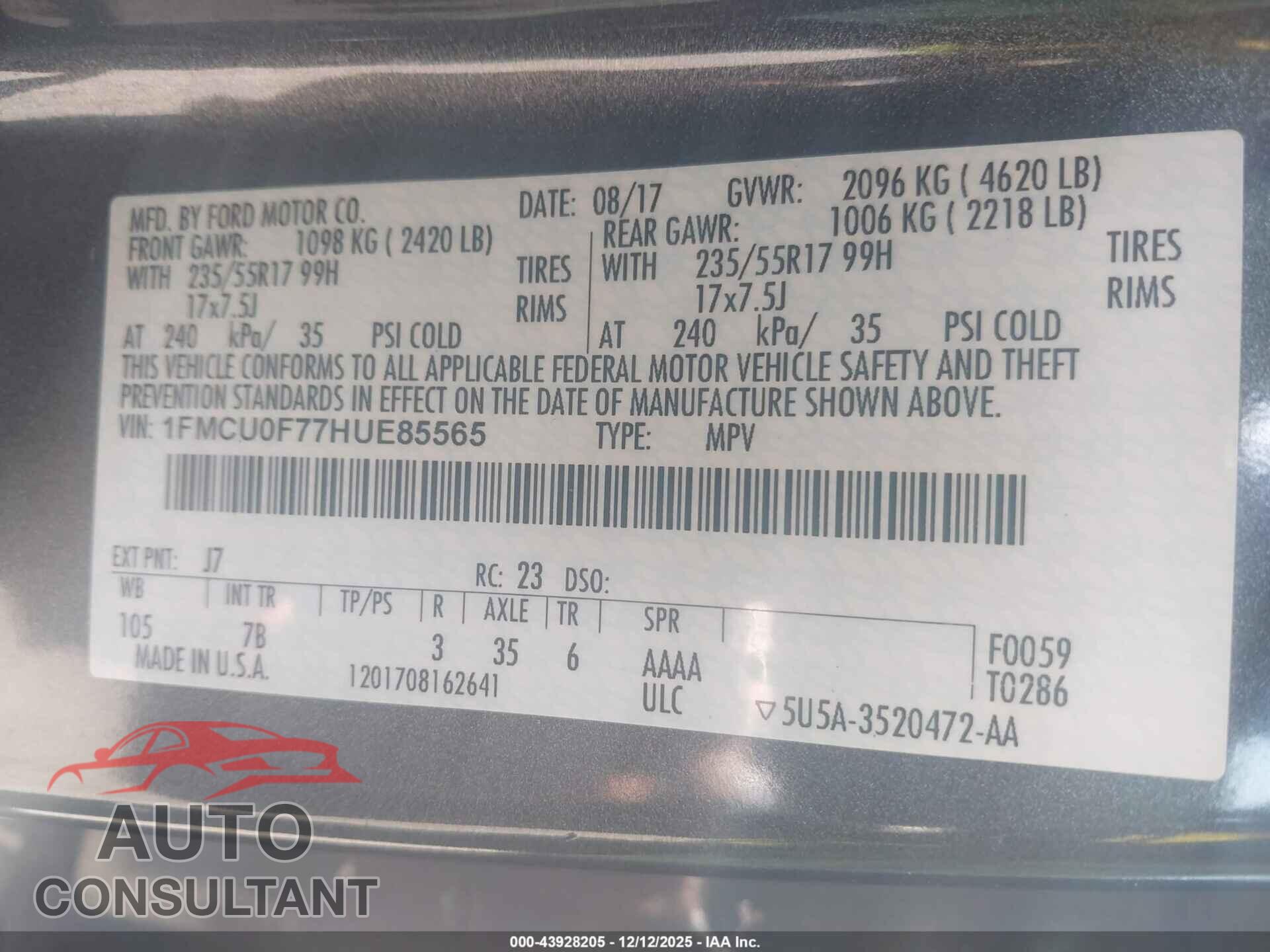 FORD ESCAPE 2017 - 1FMCU0F77HUE85565