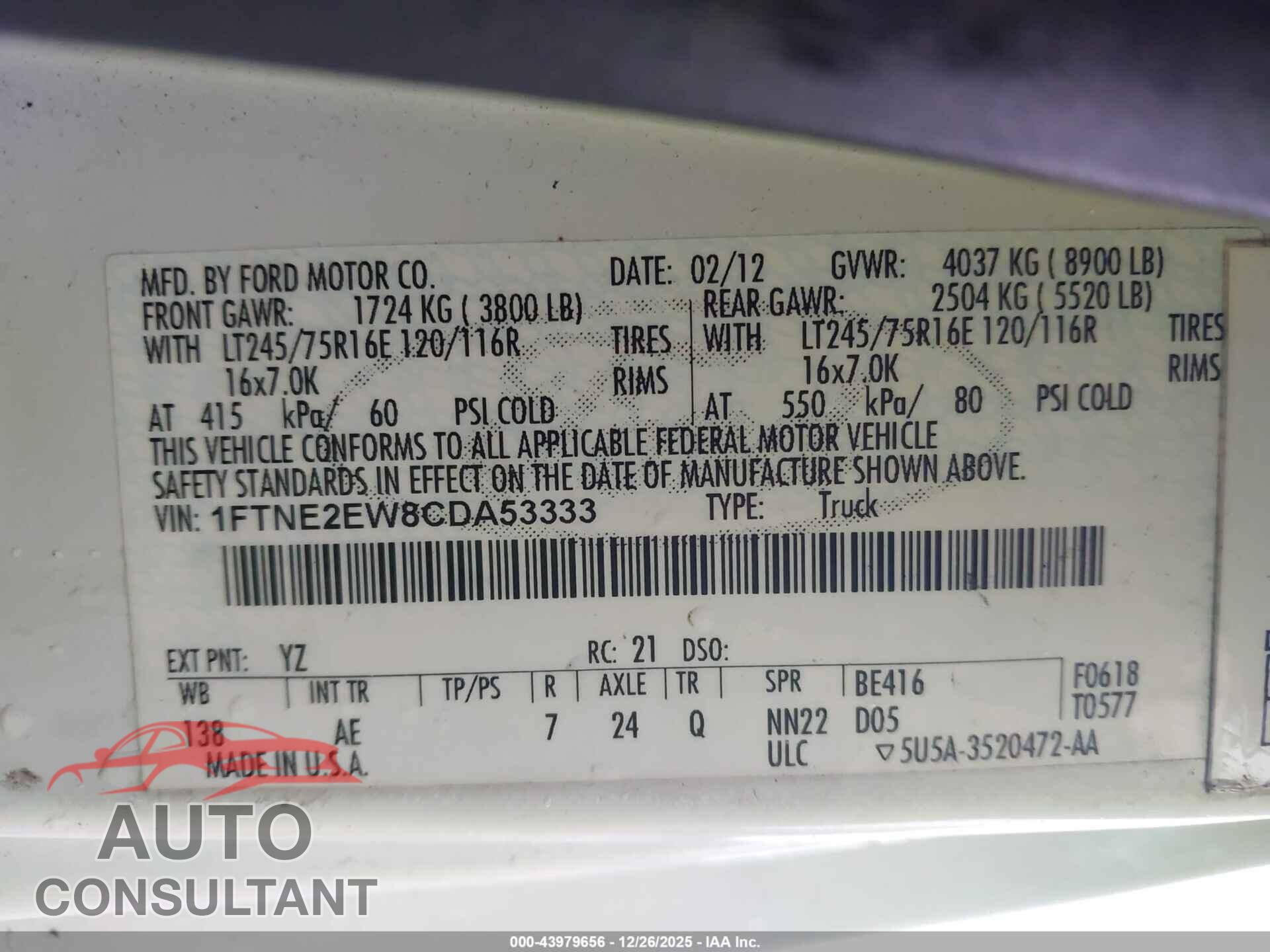 FORD ECONOLINE 2012 - 1FTNE2EW8CDA53333