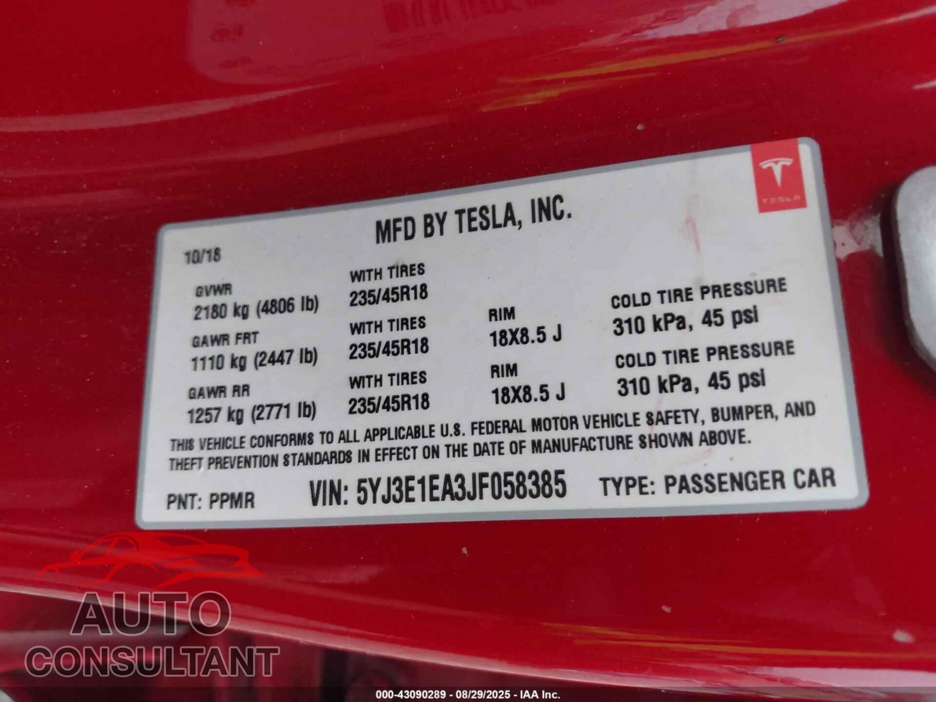 TESLA MODEL 3 2018 - 5YJ3E1EA3JF058385