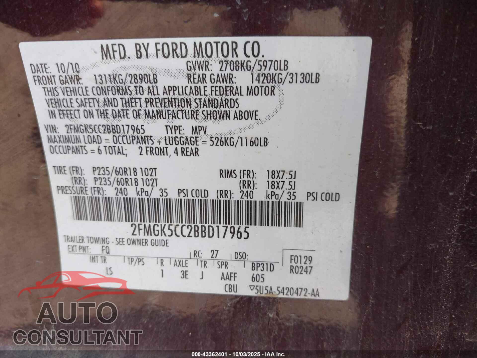 FORD FLEX 2011 - 2FMGK5CC2BBD17965