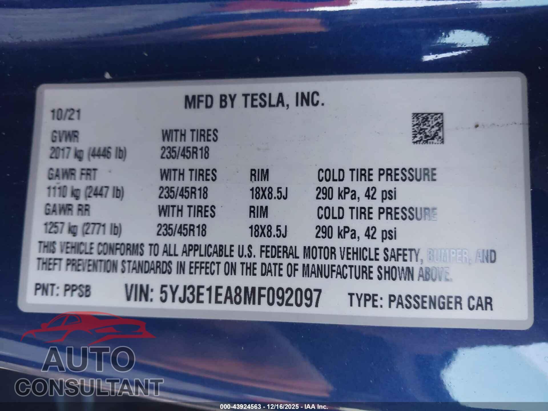 TESLA MODEL 3 2021 - 5YJ3E1EA8MF092097