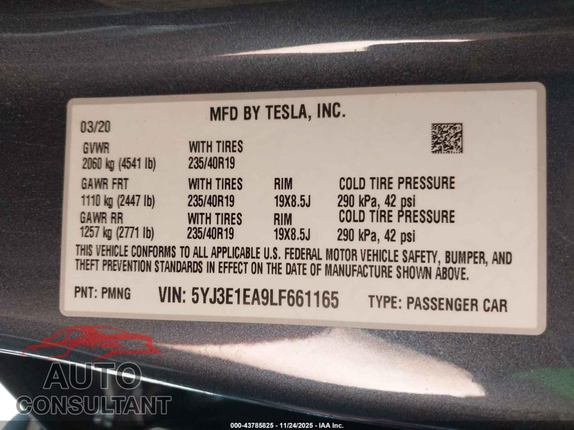 TESLA MODEL 3 2020 - 5YJ3E1EA9LF661165