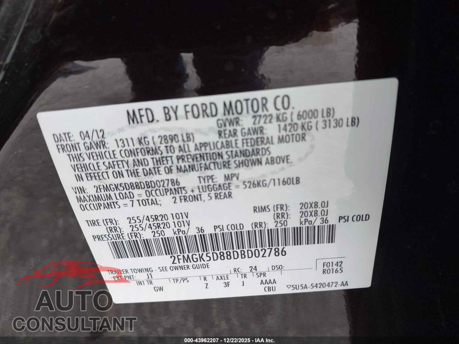 FORD FLEX 2013 - 2FMGK5D88DBD02786