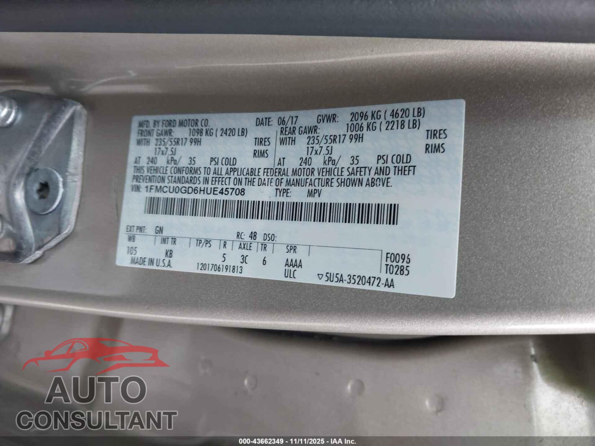 FORD ESCAPE 2017 - 1FMCU0GD6HUE45708