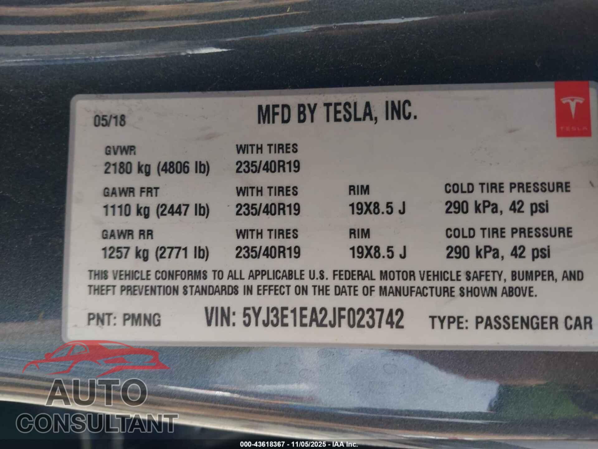 TESLA MODEL 3 2018 - 5YJ3E1EA2JF023742