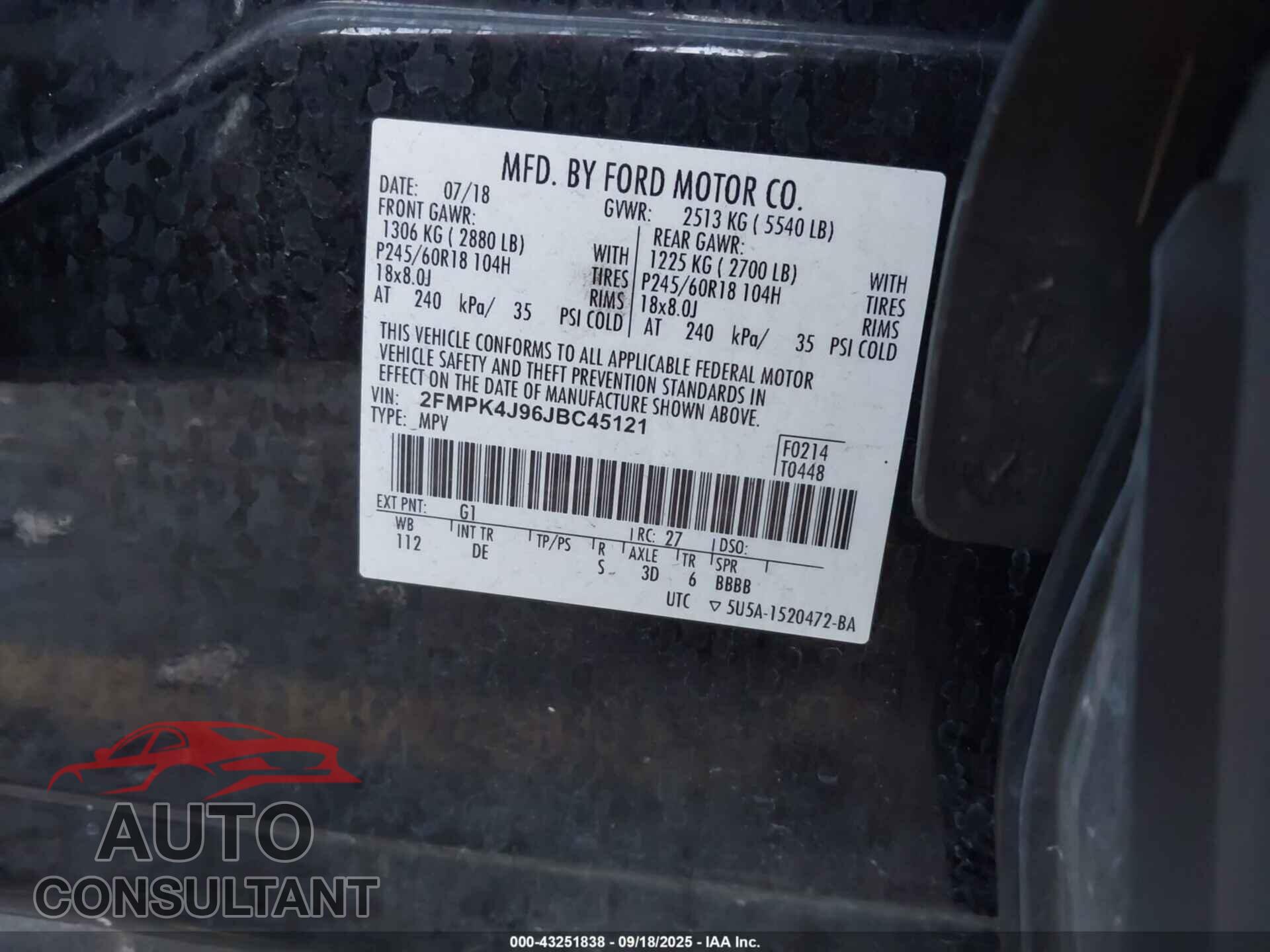 FORD EDGE 2018 - 2FMPK4J96JBC45121