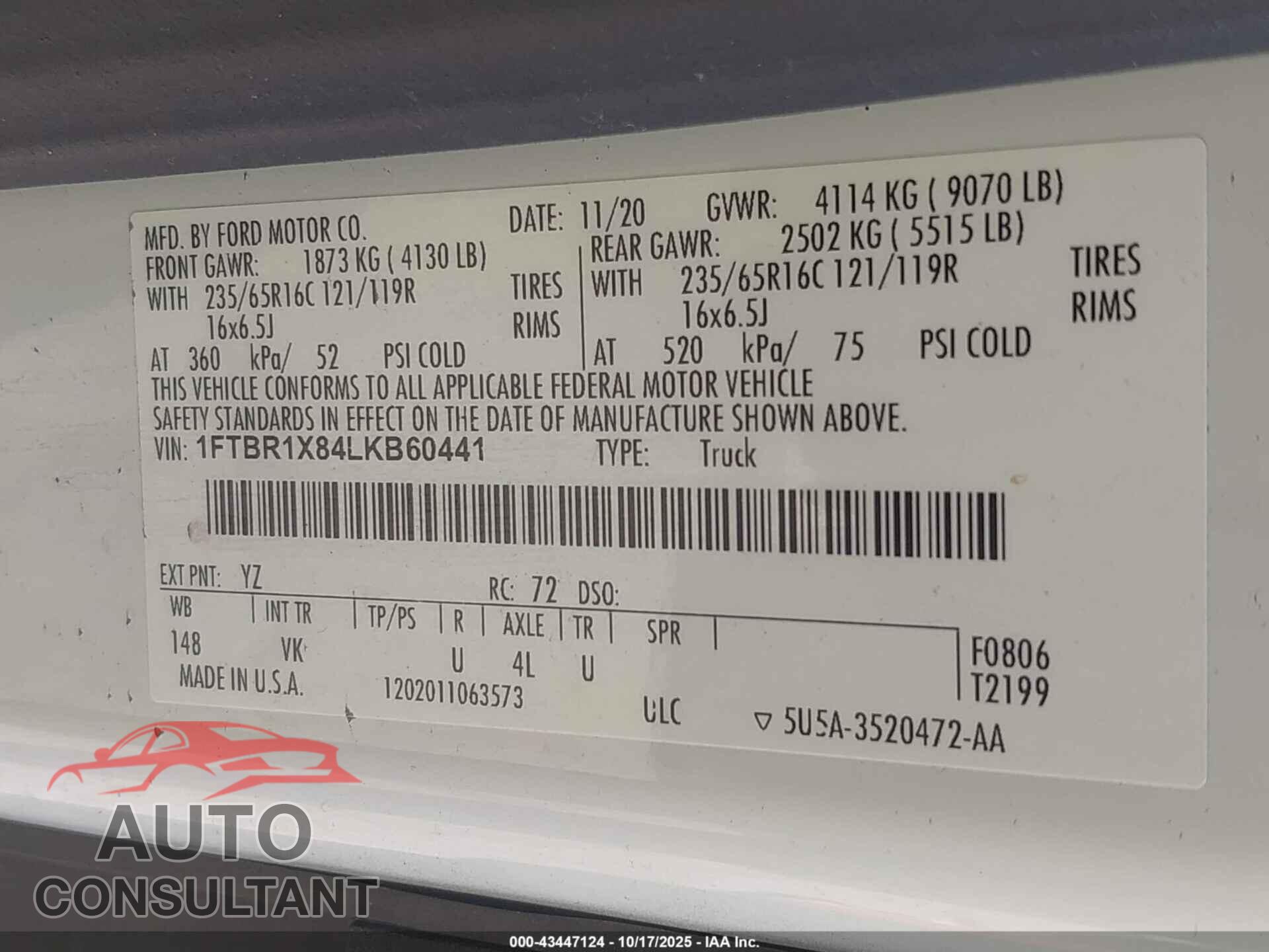 FORD TRANSIT-250 2020 - 1FTBR1X84LKB60441