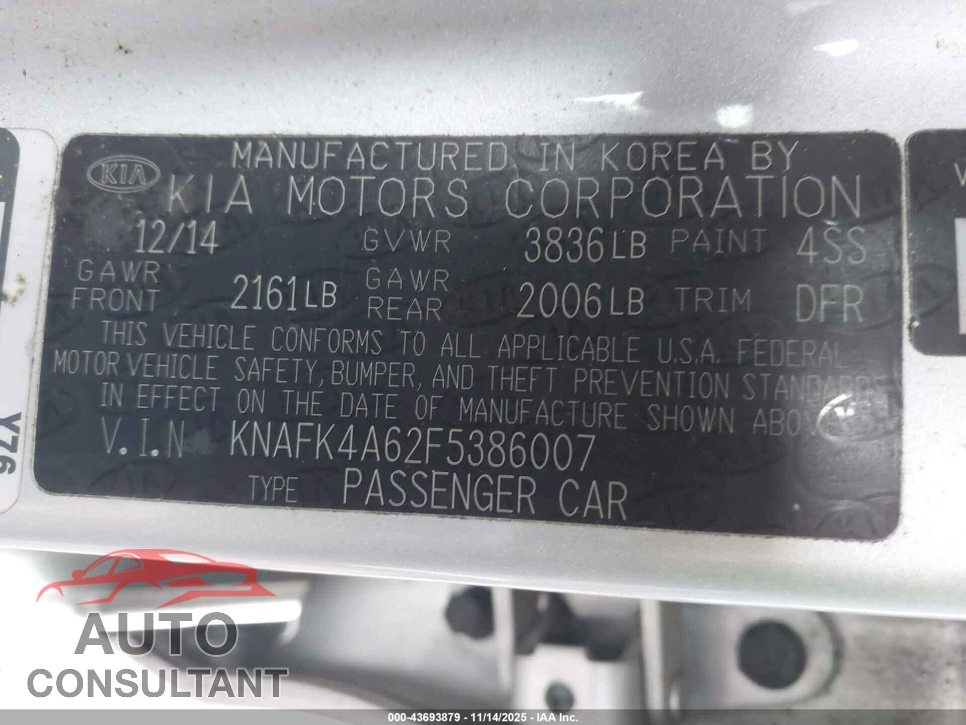 KIA FORTE 2015 - KNAFK4A62F5386007