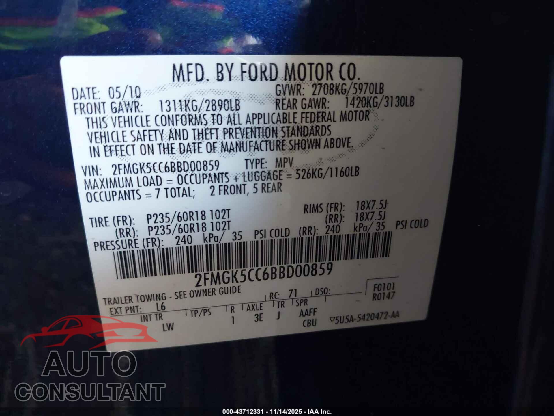 FORD FLEX 2011 - 2FMGK5CC6BBD00859