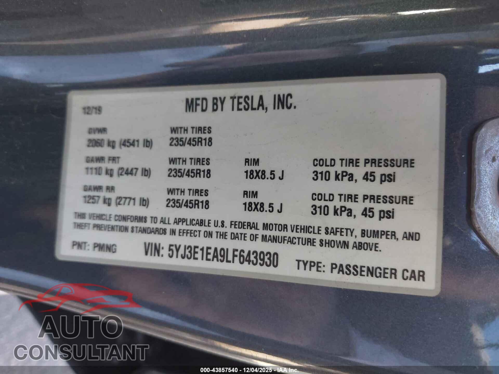 TESLA MODEL 3 2020 - 5YJ3E1EA9LF643930