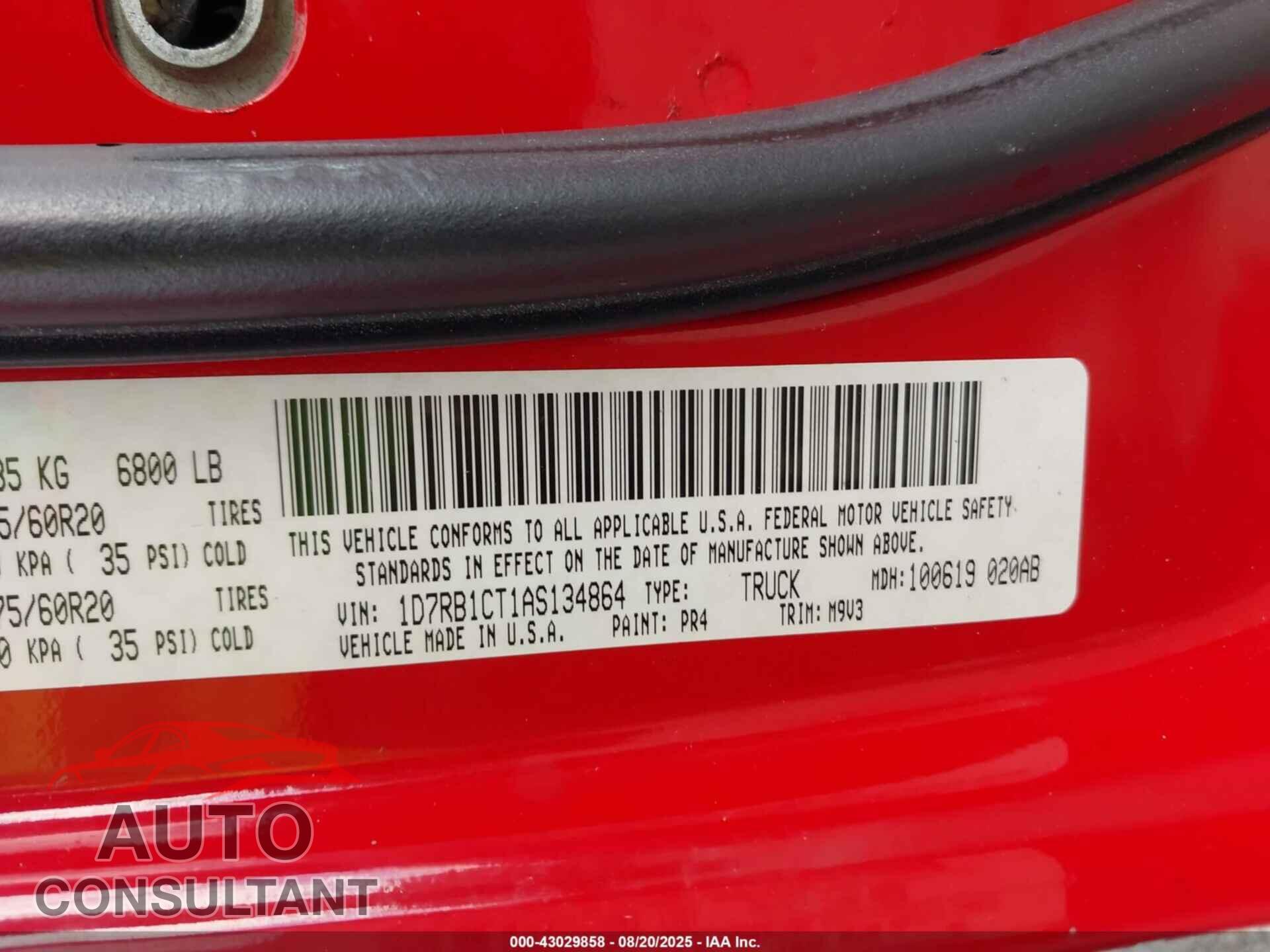 DODGE RAM 1500 2010 - 1D7RB1CT1AS134864