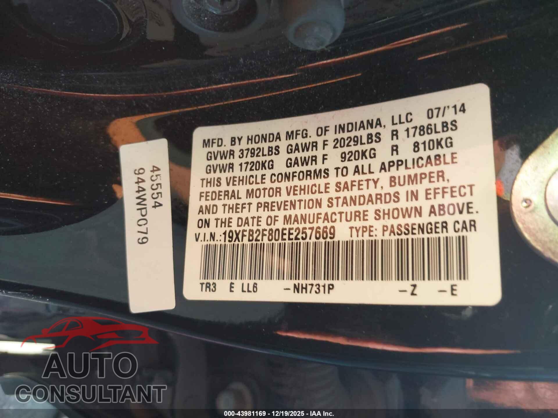 HONDA CIVIC 2014 - 19XFB2F80EE257669