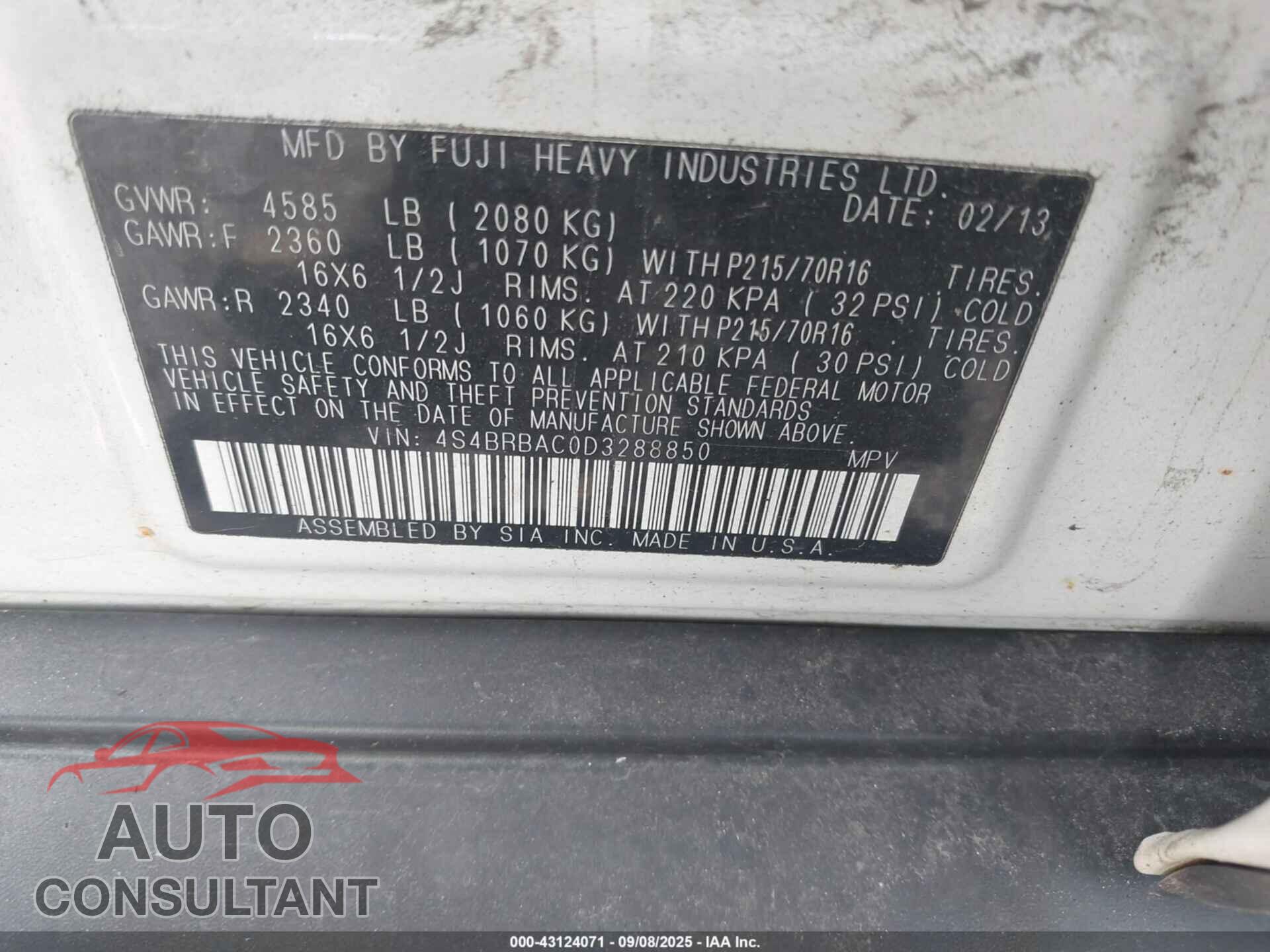 SUBARU OUTBACK 2013 - 4S4BRBAC0D3288850