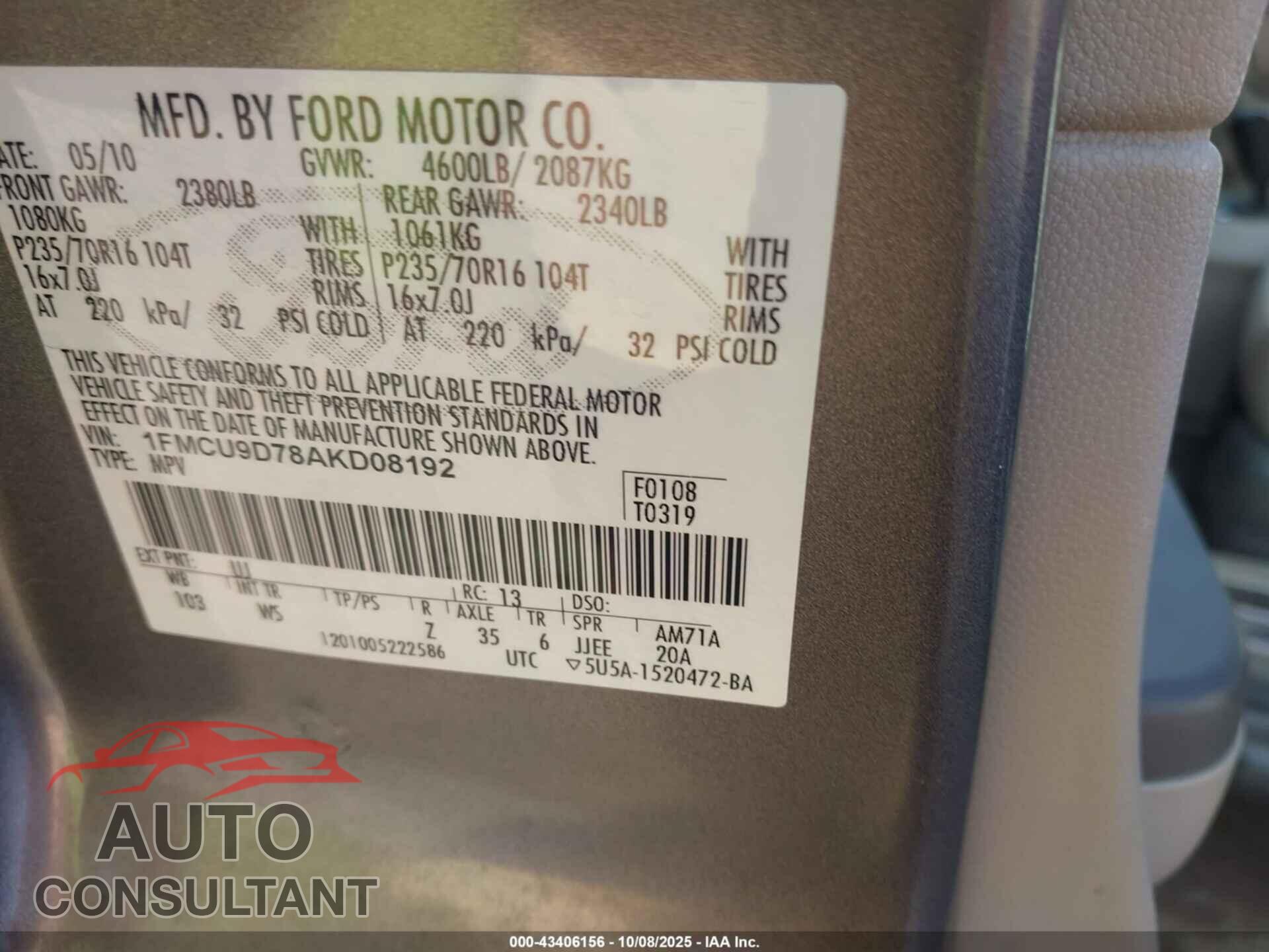 FORD ESCAPE 2010 - 1FMCU9D78AKD08192