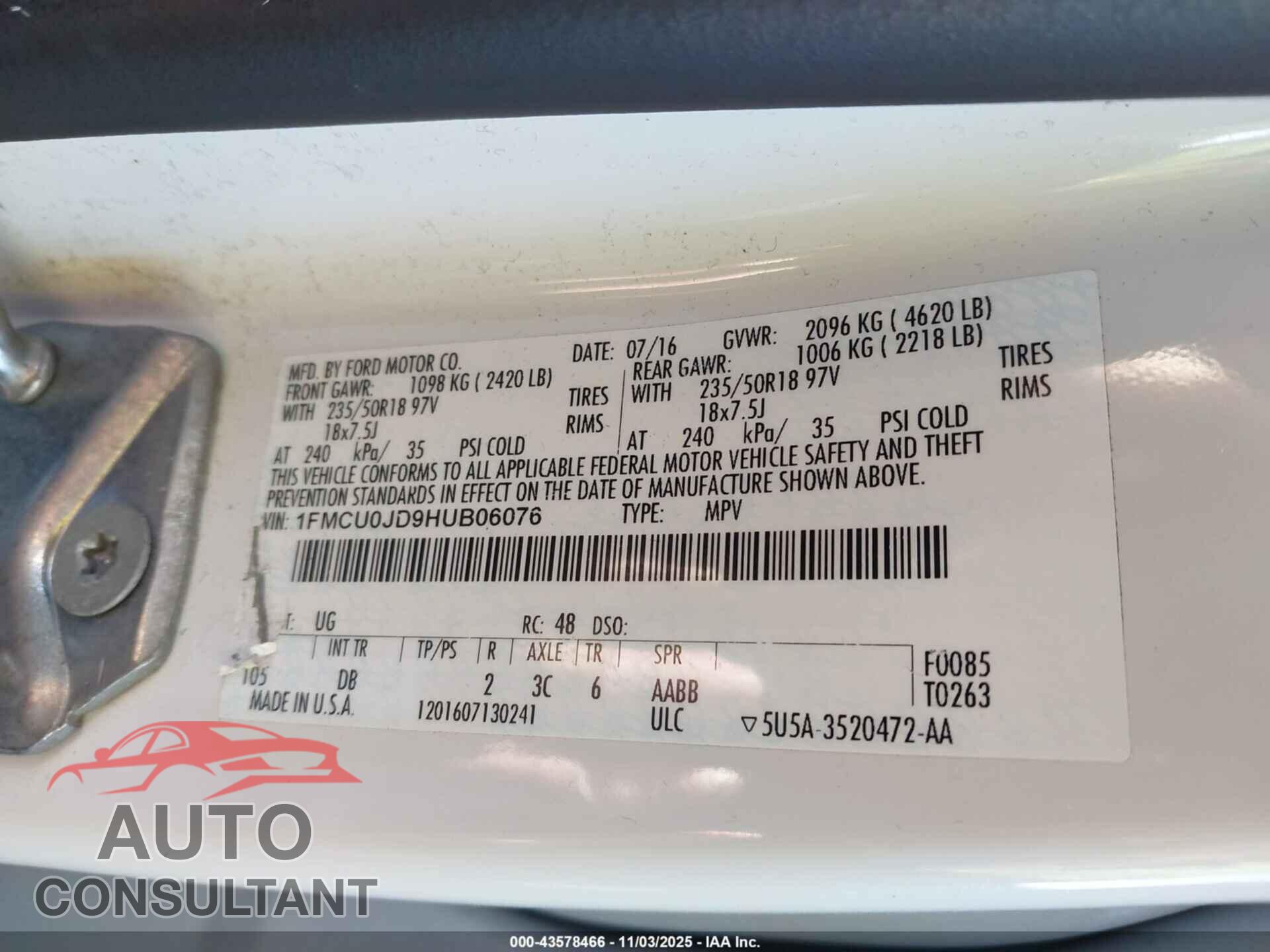 FORD ESCAPE 2017 - 1FMCU0JD9HUB06076
