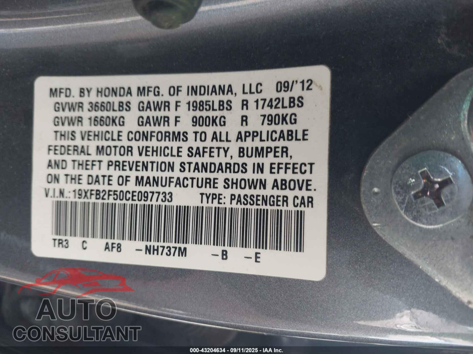 HONDA CIVIC 2012 - 19XFB2F50CE097733