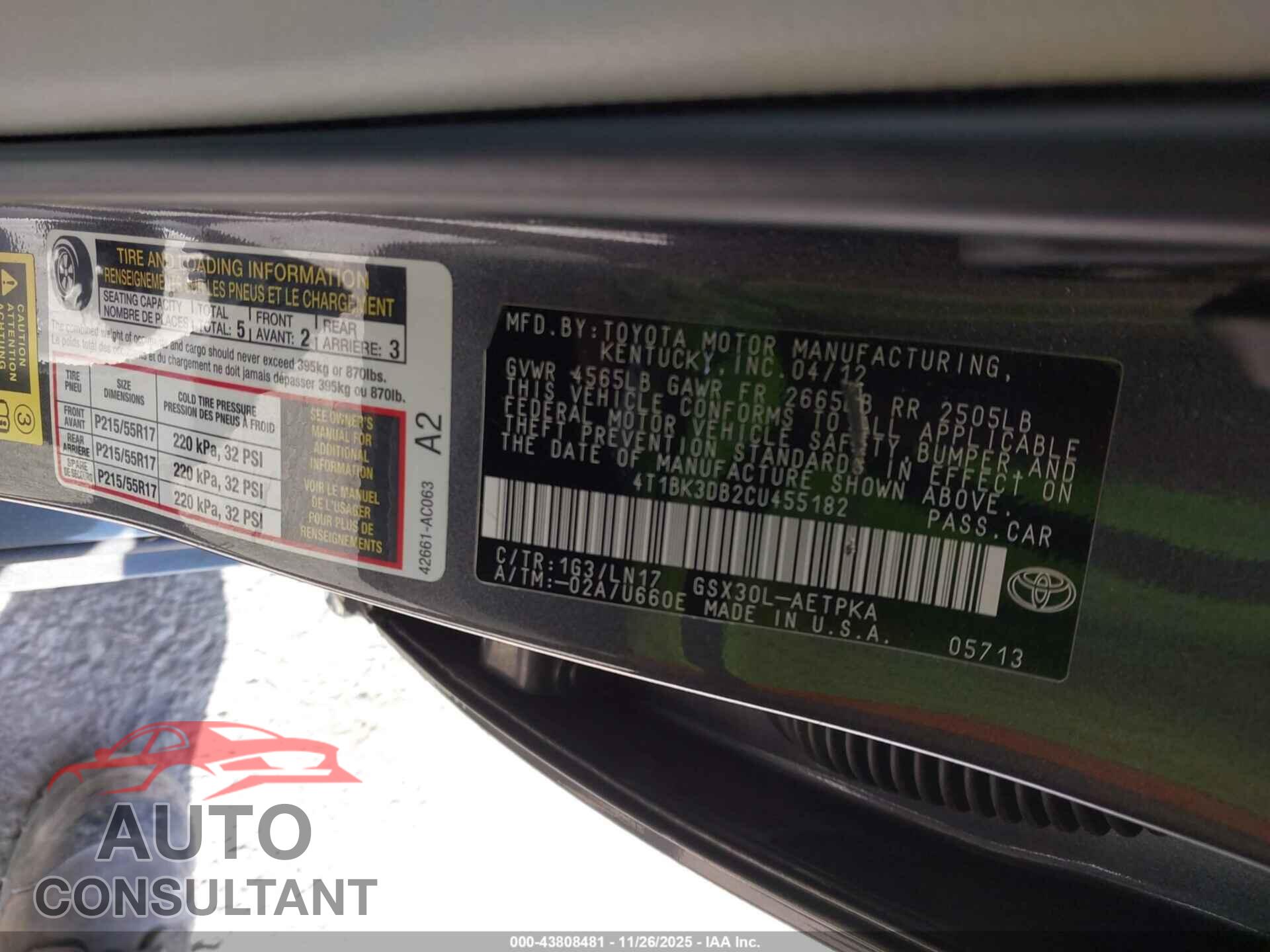 TOYOTA AVALON 2012 - 4T1BK3DB2CU455182