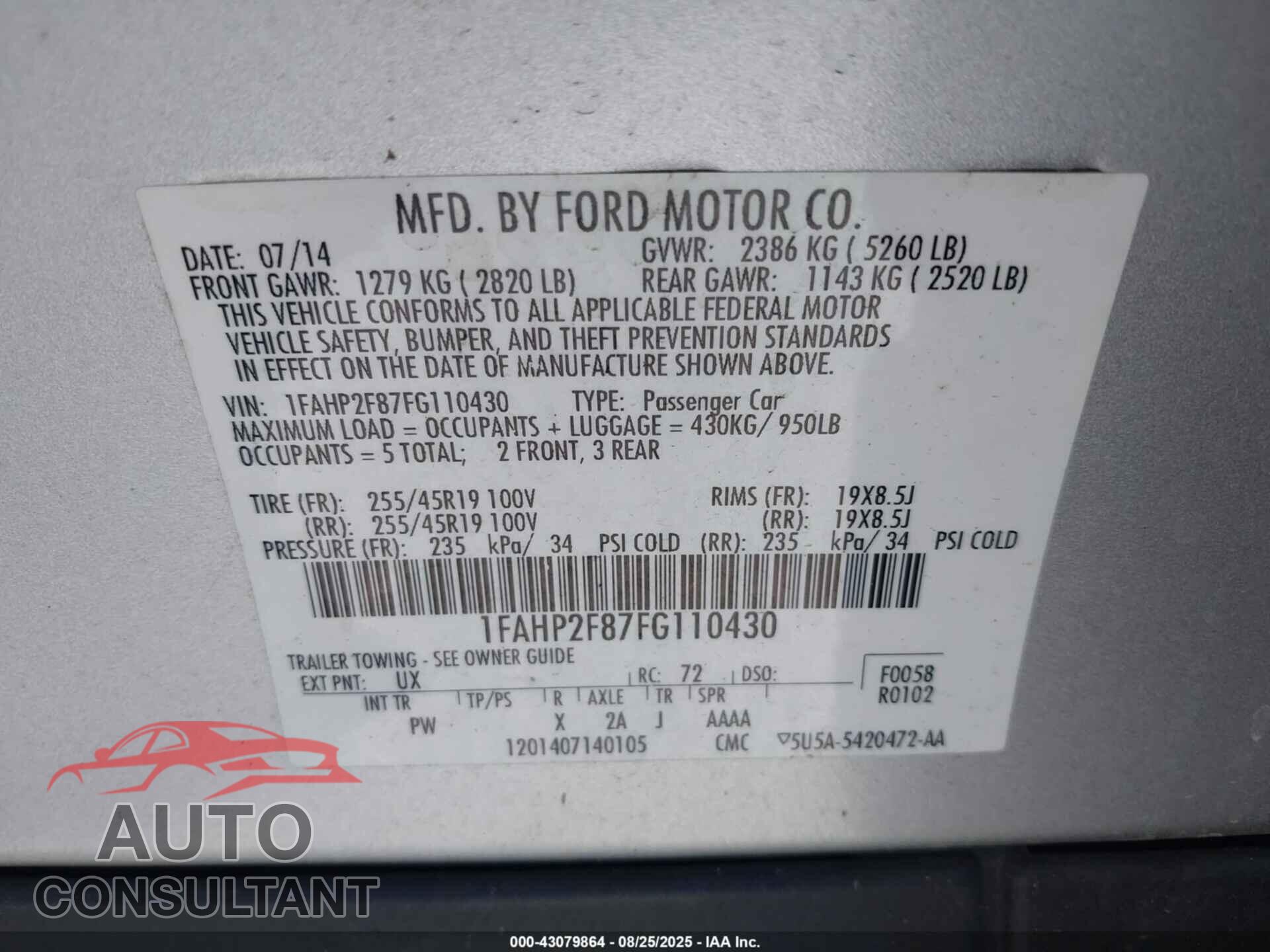 FORD TAURUS 2015 - 1FAHP2F87FG110430