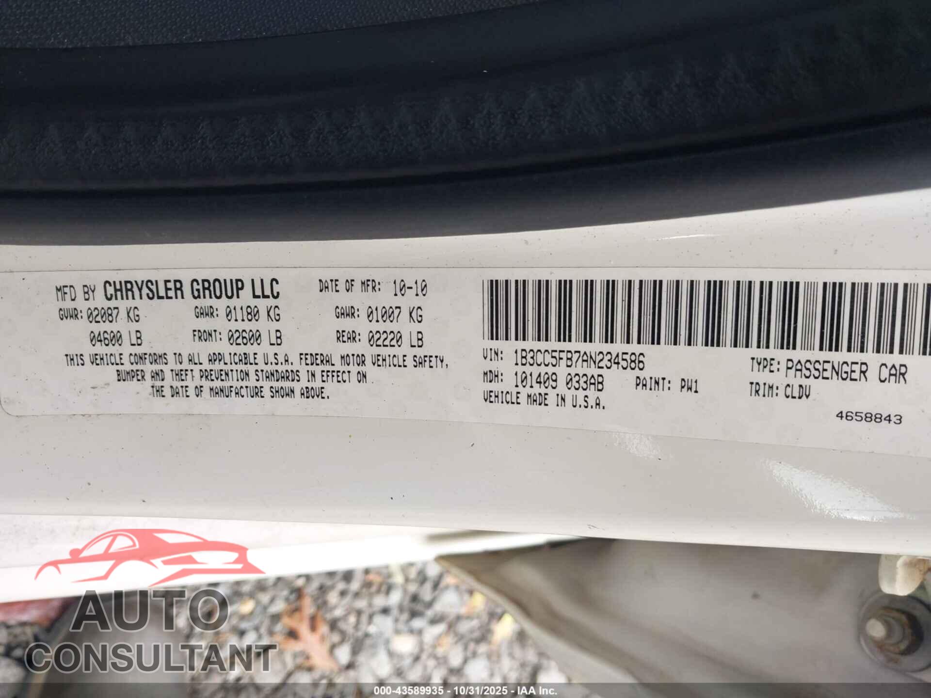 DODGE AVENGER 2010 - 1B3CC5FB7AN234586