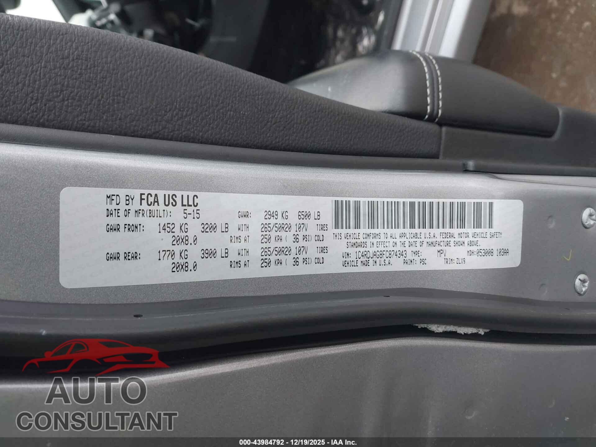 DODGE DURANGO 2015 - 1C4RDJAG8FC874343