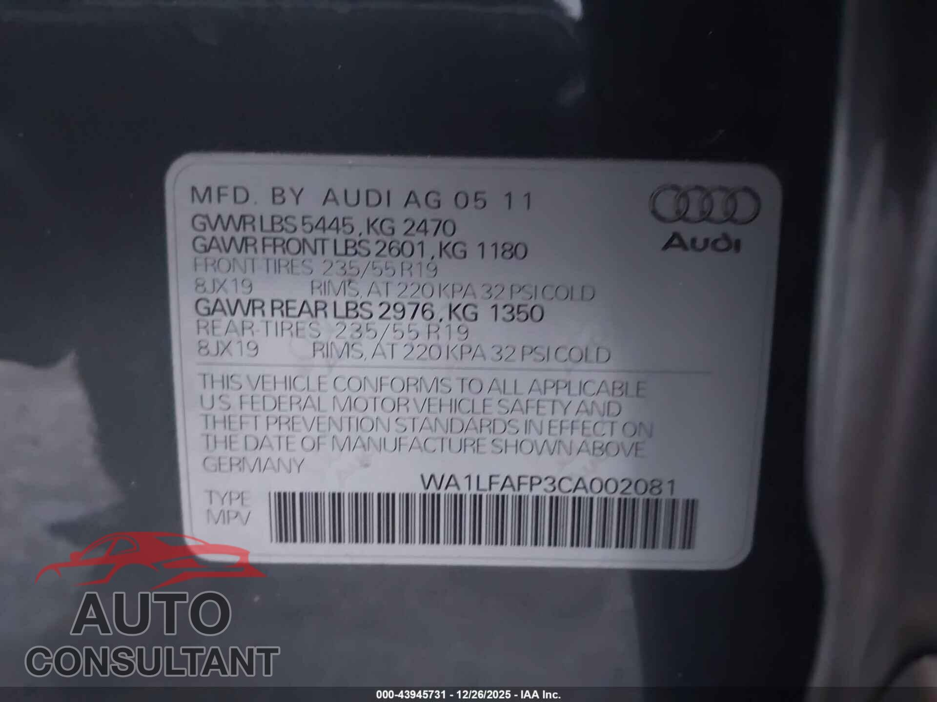 AUDI Q5 2012 - WA1LFAFP3CA002081