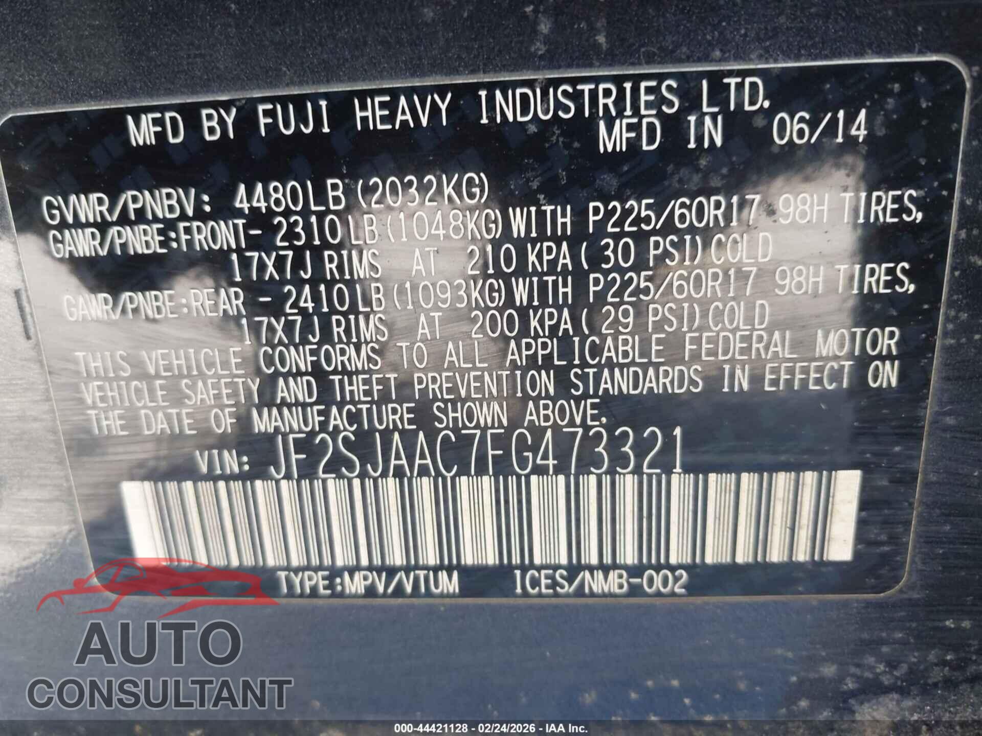 SUBARU FORESTER 2015 - JF2SJAAC7FG473321