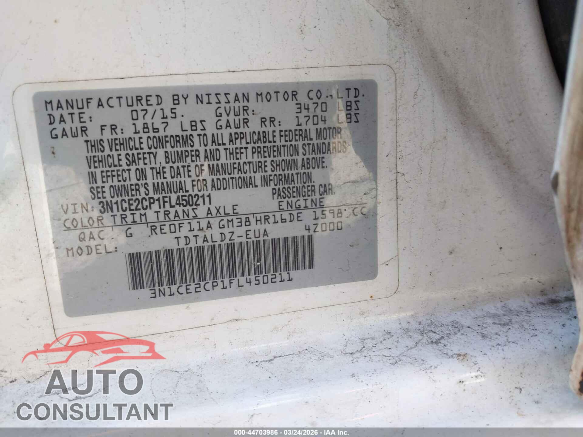 NISSAN VERSA NOTE 2015 - 3N1CE2CP1FL450211