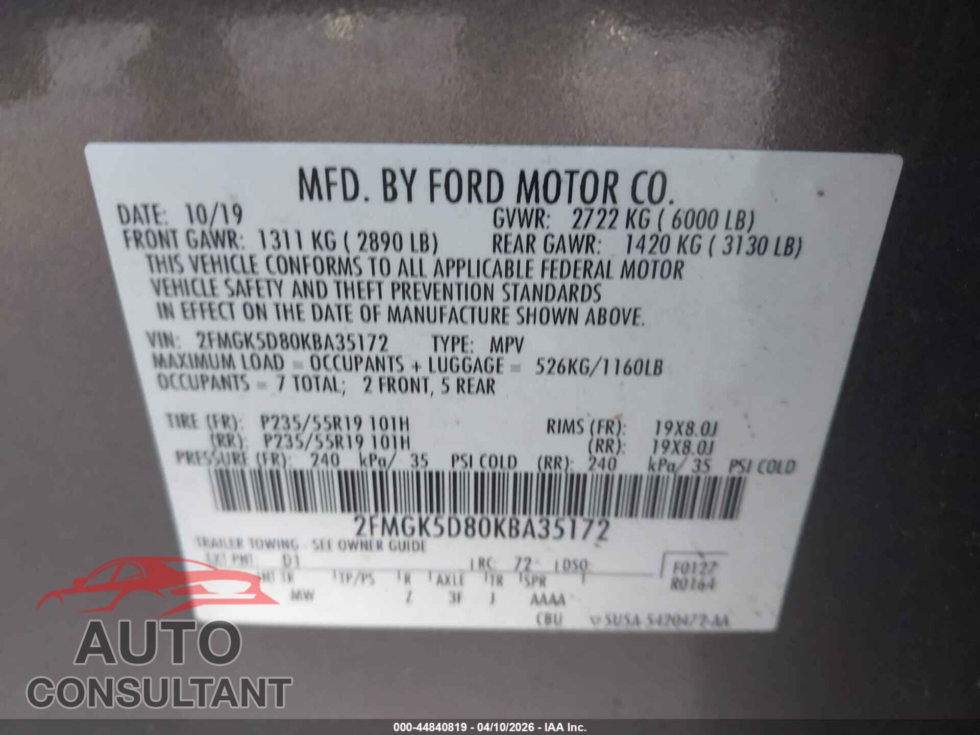 FORD FLEX 2019 - 2FMGK5D80KBA35172