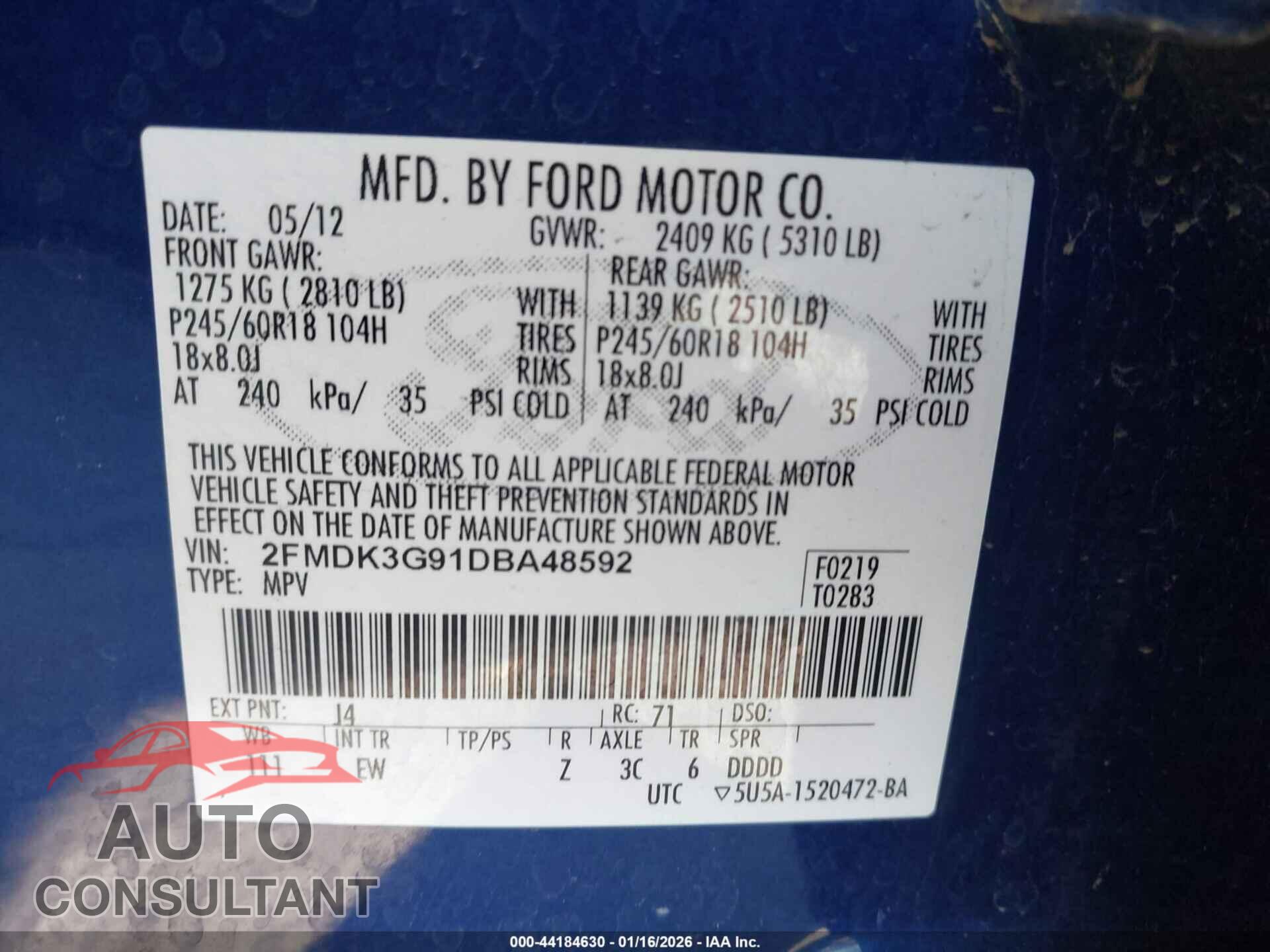 FORD EDGE 2013 - 2FMDK3G91DBA48592
