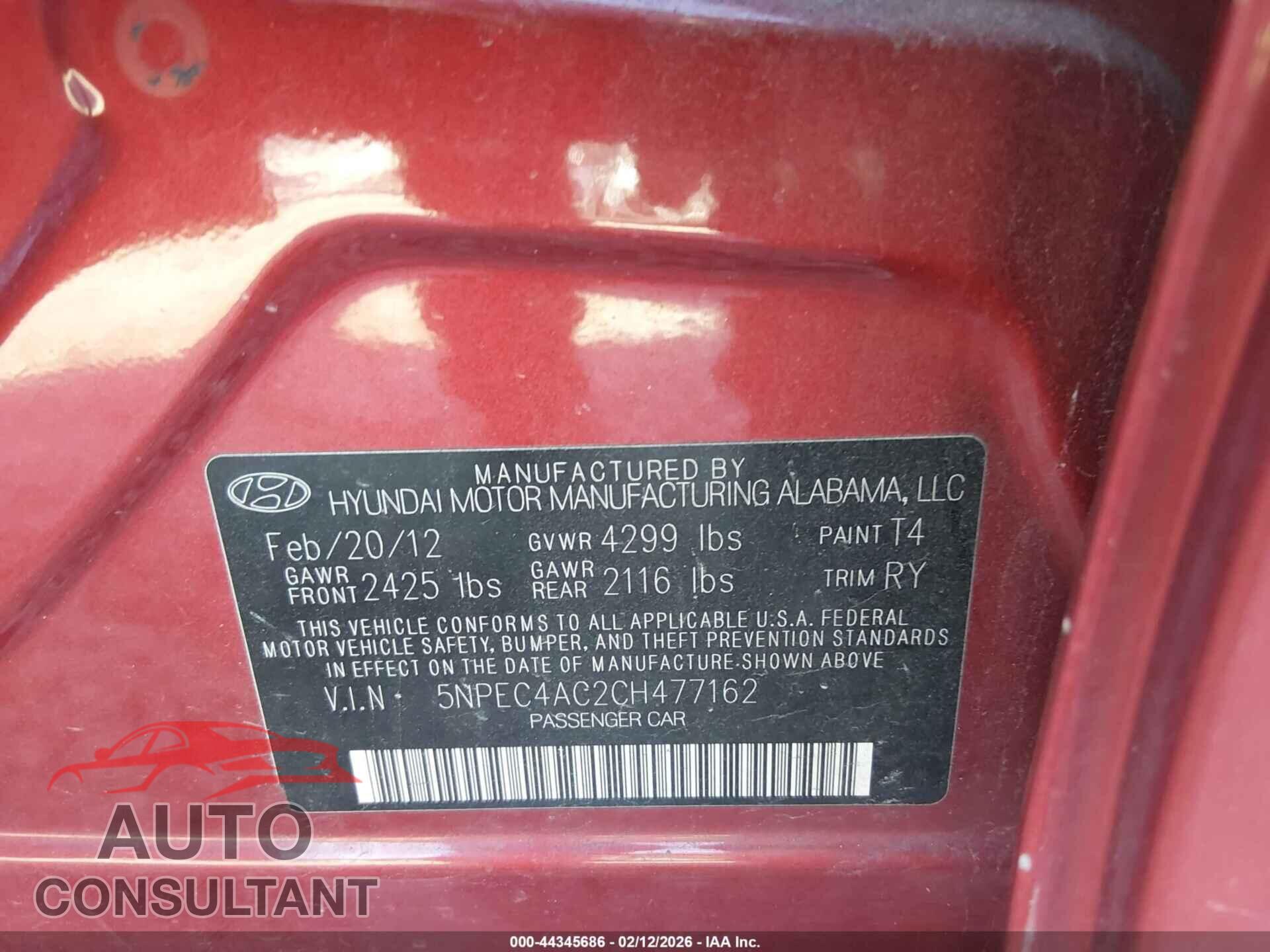 HYUNDAI SONATA 2012 - 5NPEC4AC2CH477162