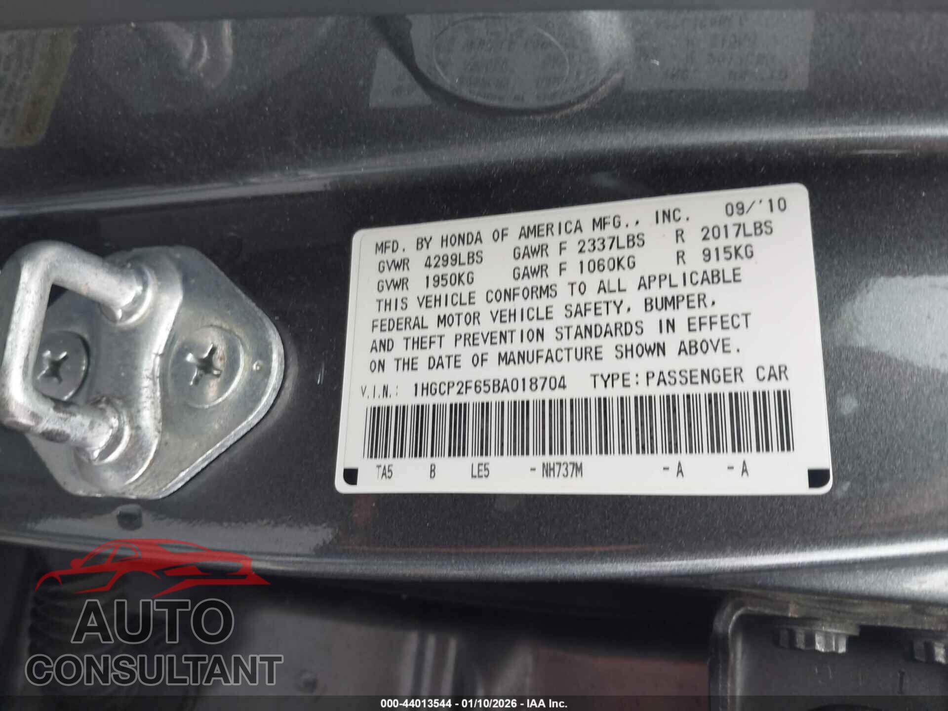 HONDA ACCORD 2011 - 1HGCP2F65BA018704