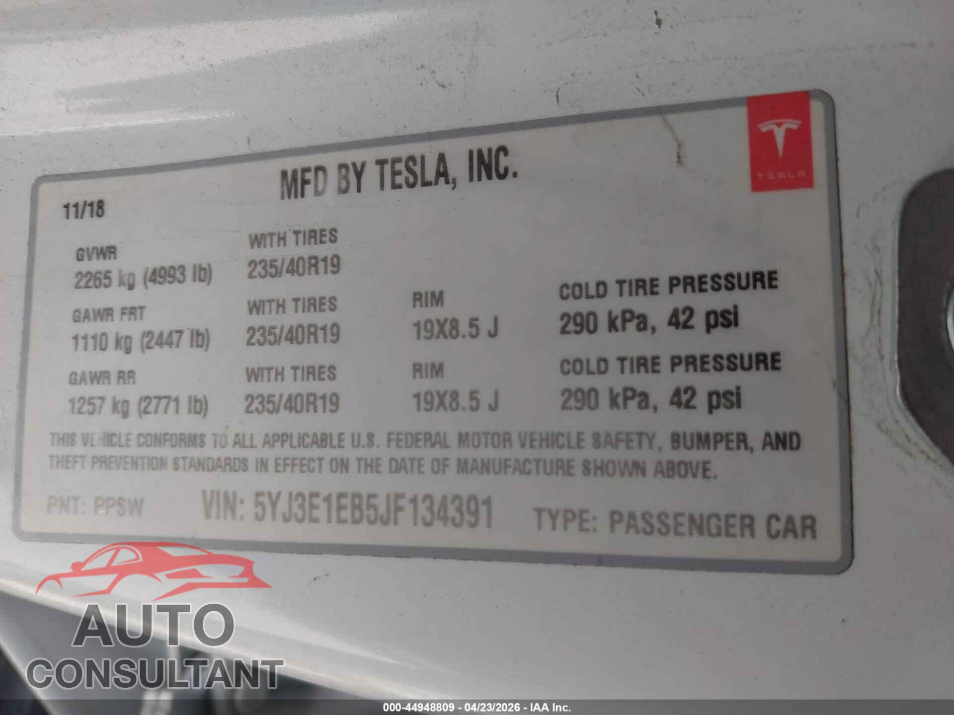TESLA MODEL 3 2018 - 5YJ3E1EB5JF134391