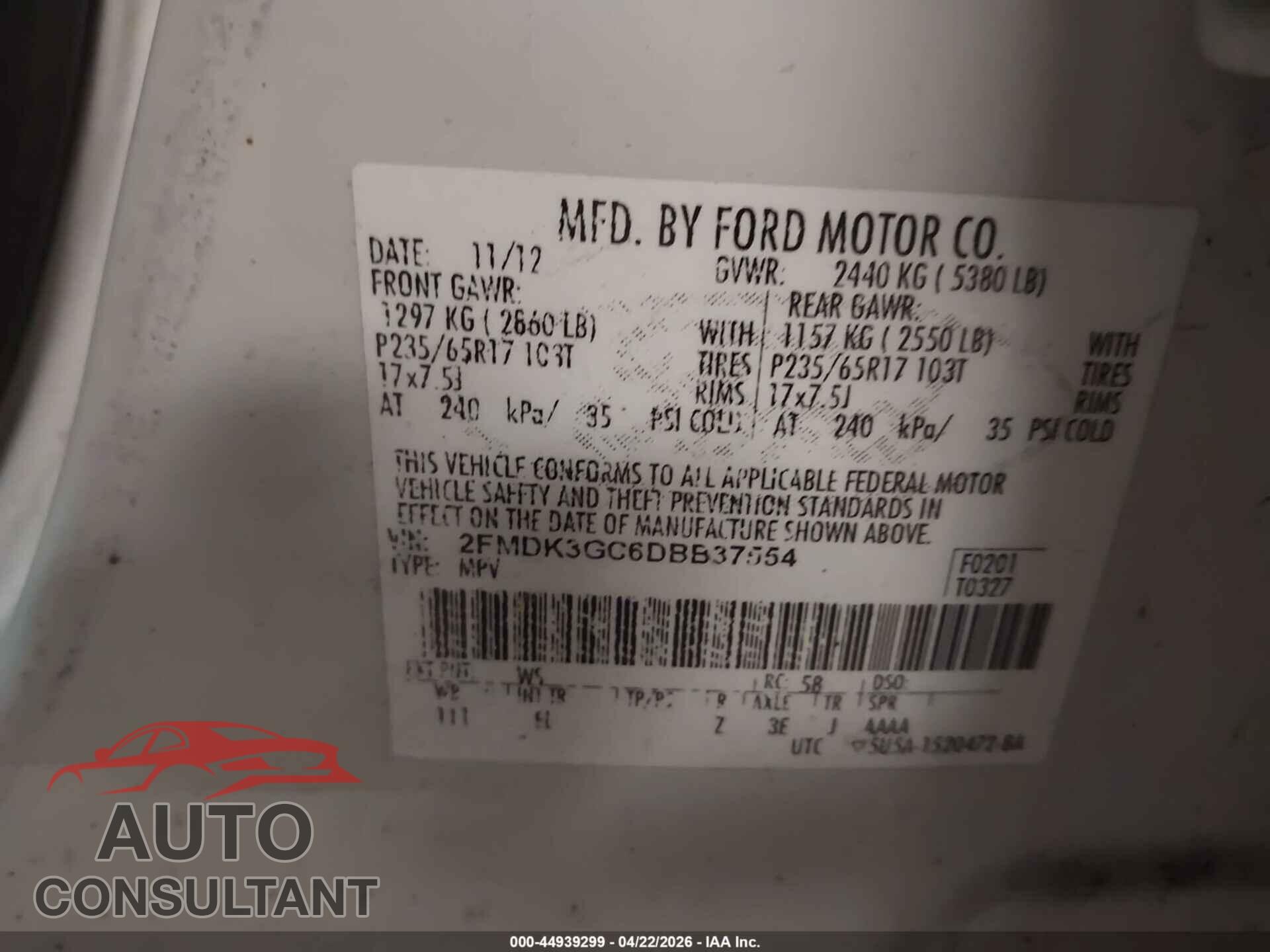 FORD EDGE 2013 - 2FMDK3GC6DBB37554
