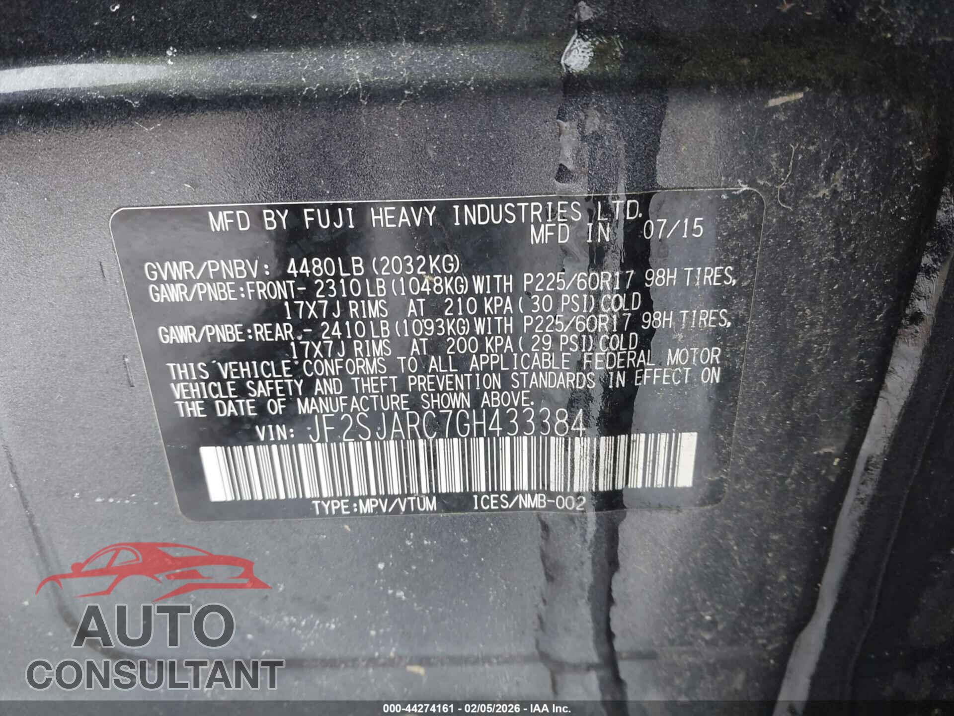 SUBARU FORESTER 2016 - JF2SJARC7GH433384
