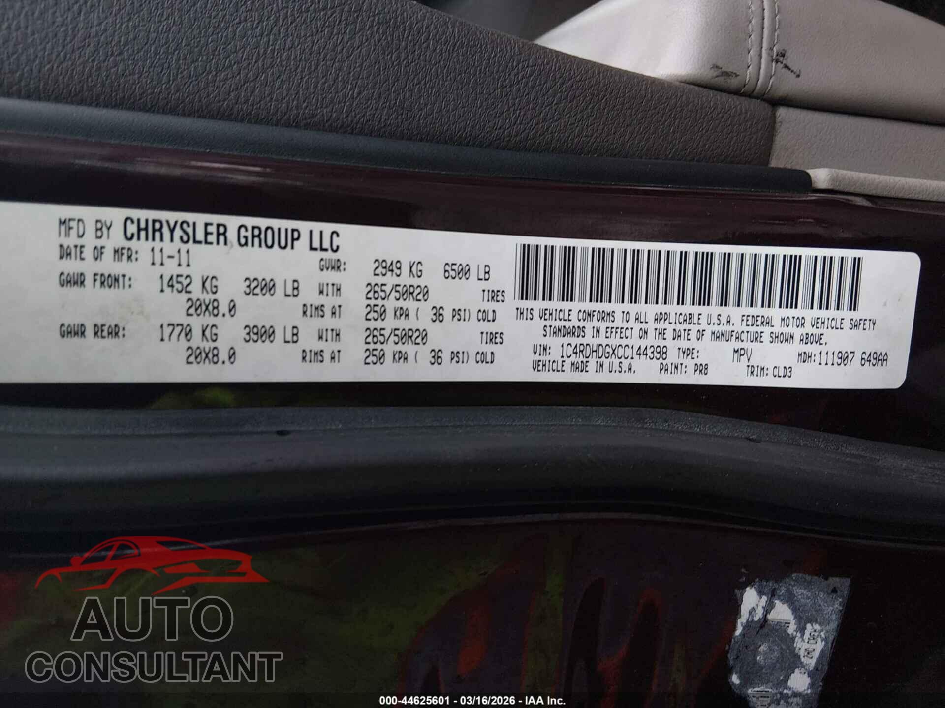 DODGE DURANGO 2012 - 1C4RDHDGXCC144398