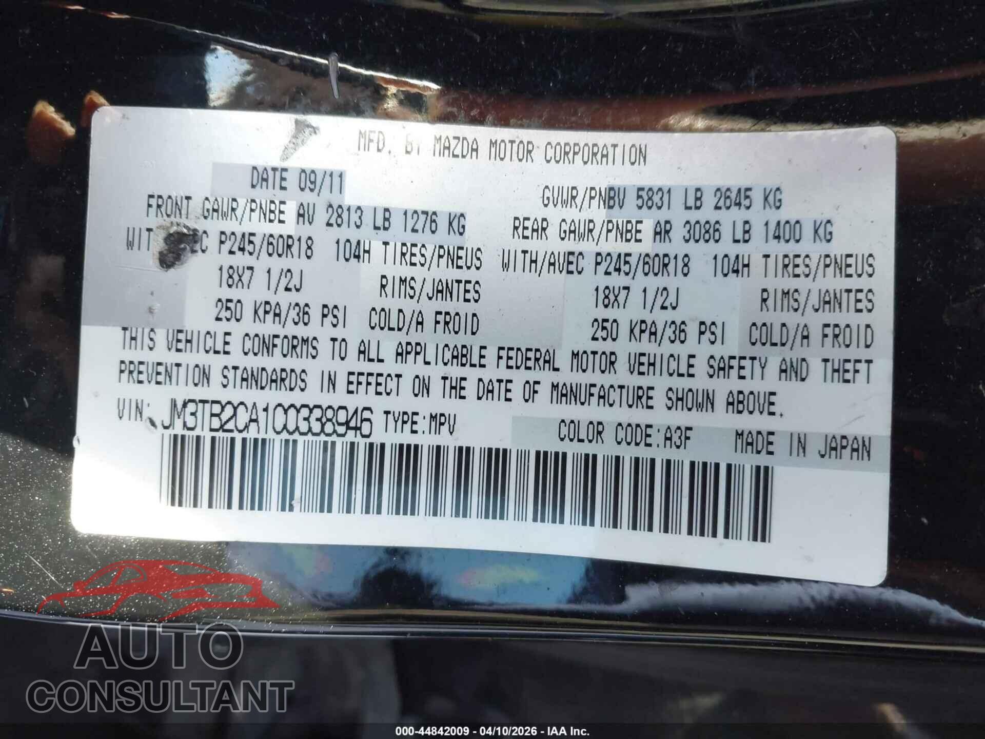 MAZDA CX-9 2012 - JM3TB2CA1C0338946