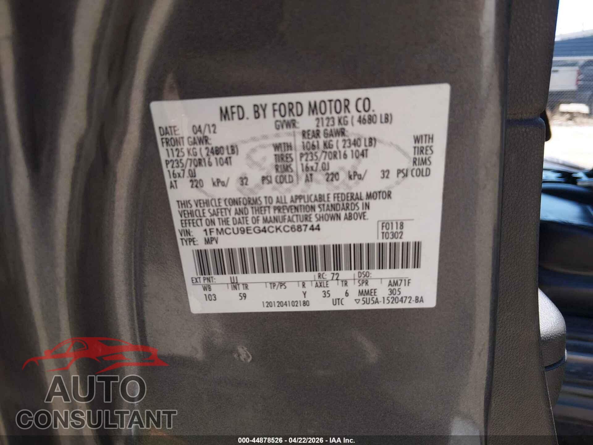 FORD ESCAPE 2012 - 1FMCU9EG4CKC68744