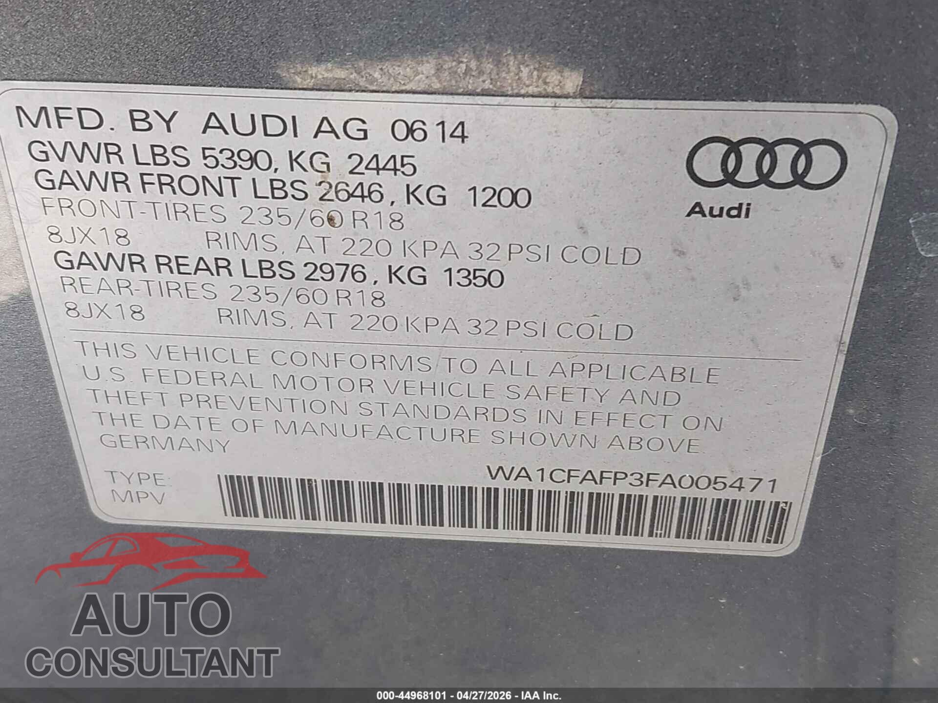AUDI Q5 2015 - WA1CFAFP3FA005471