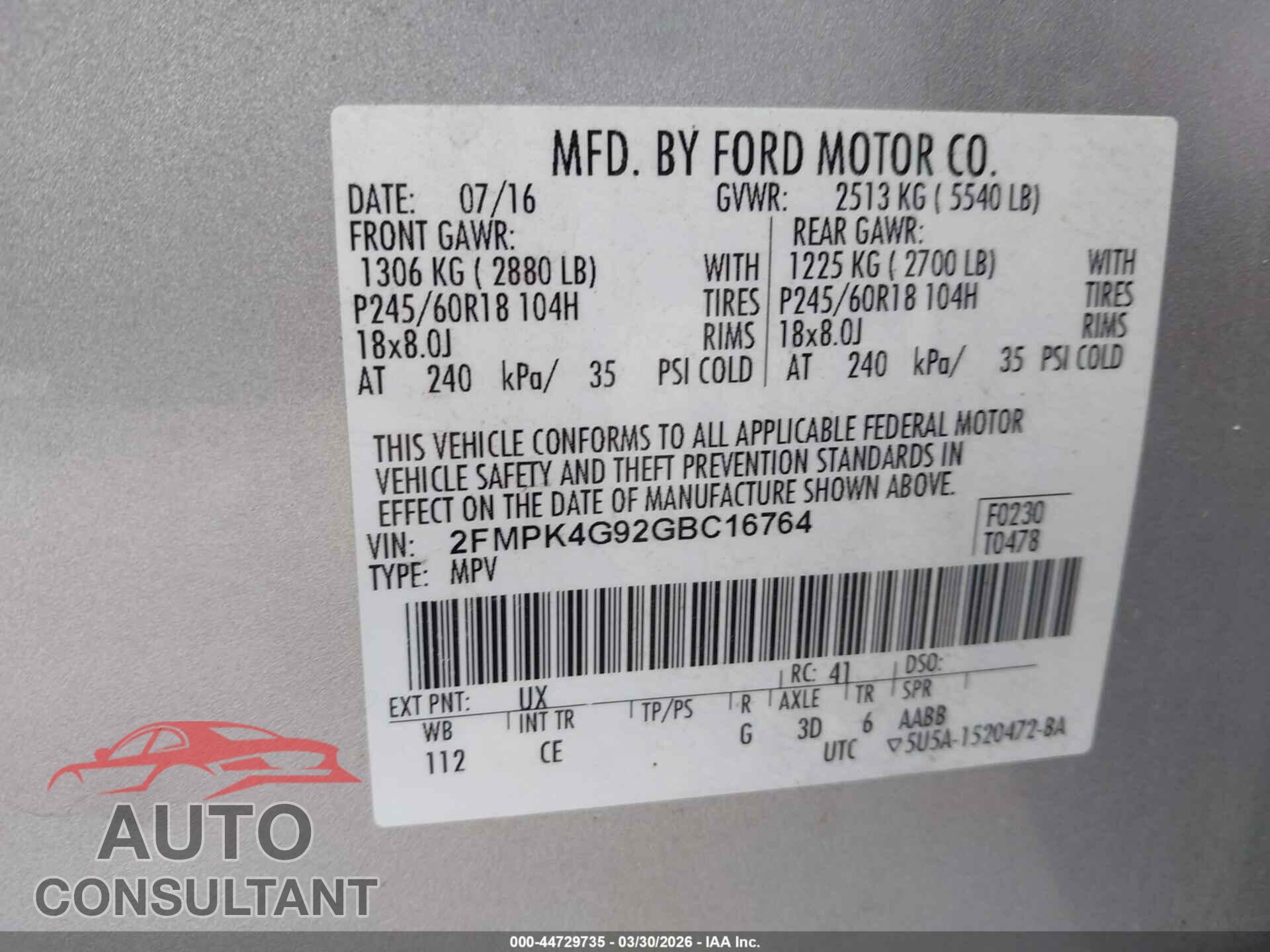FORD EDGE 2016 - 2FMPK4G92GBC16764