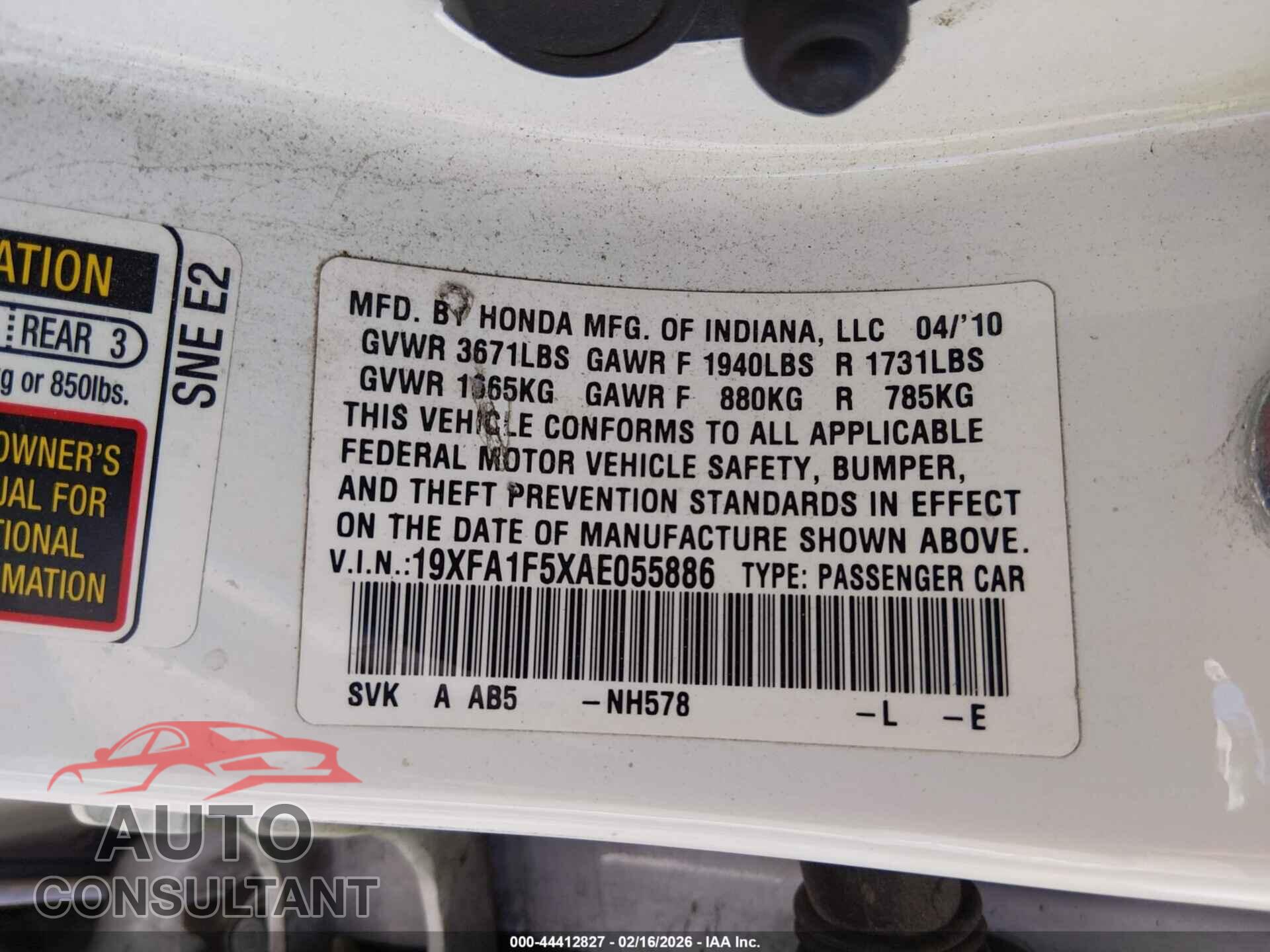 HONDA CIVIC 2010 - 19XFA1F5XAE055886