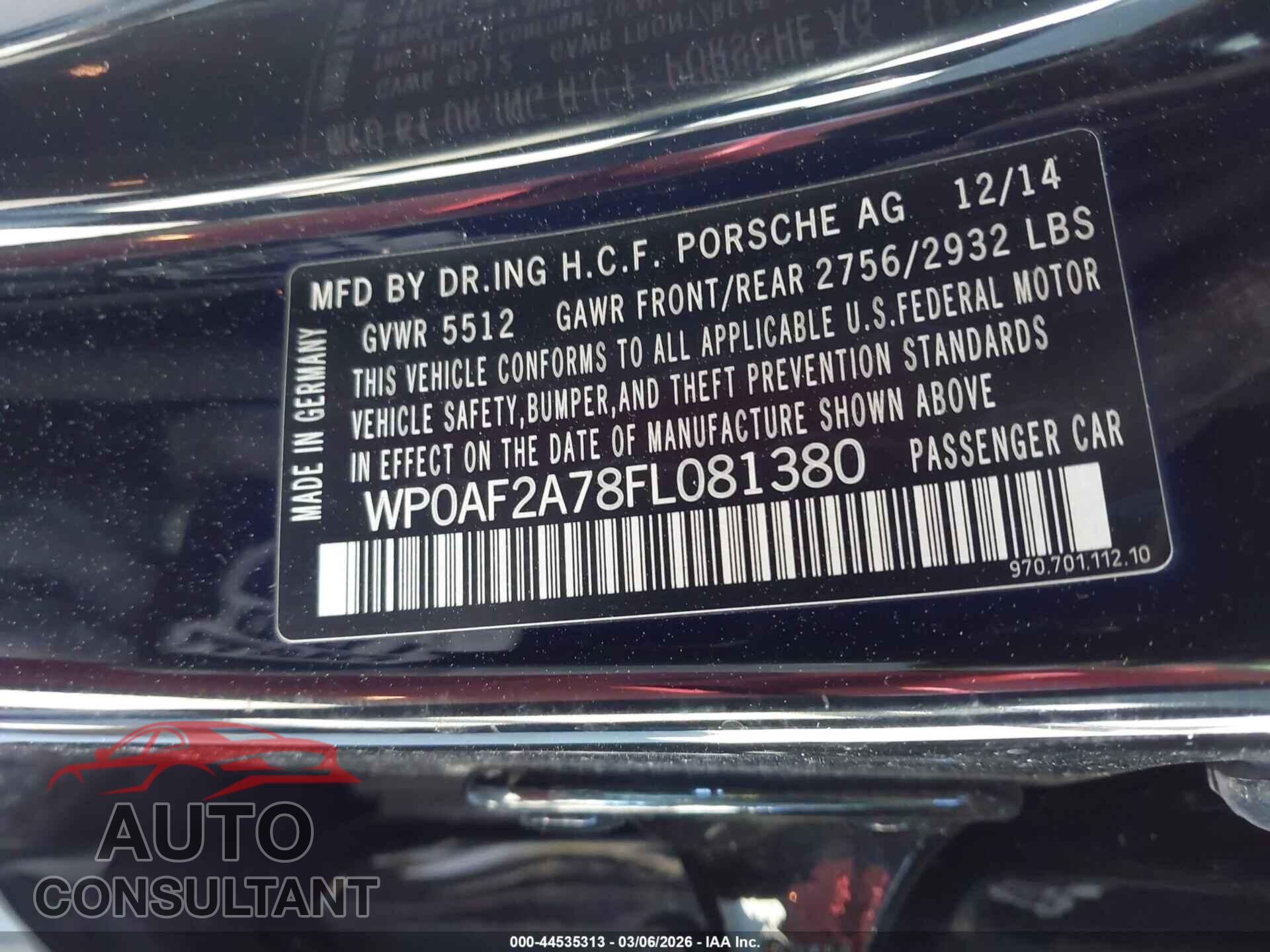 PORSCHE PANAMERA 2015 - WP0AF2A78FL081380