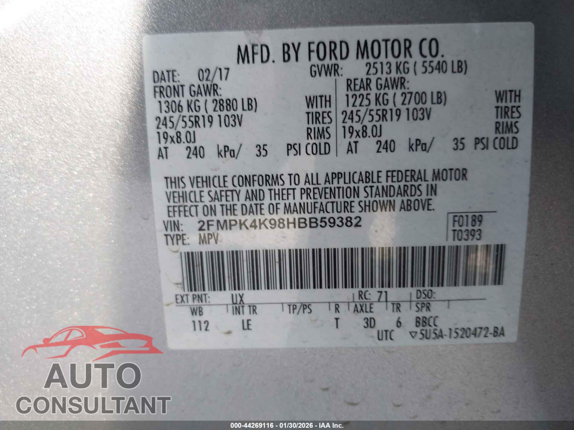 FORD EDGE 2017 - 2FMPK4K98HBB59382