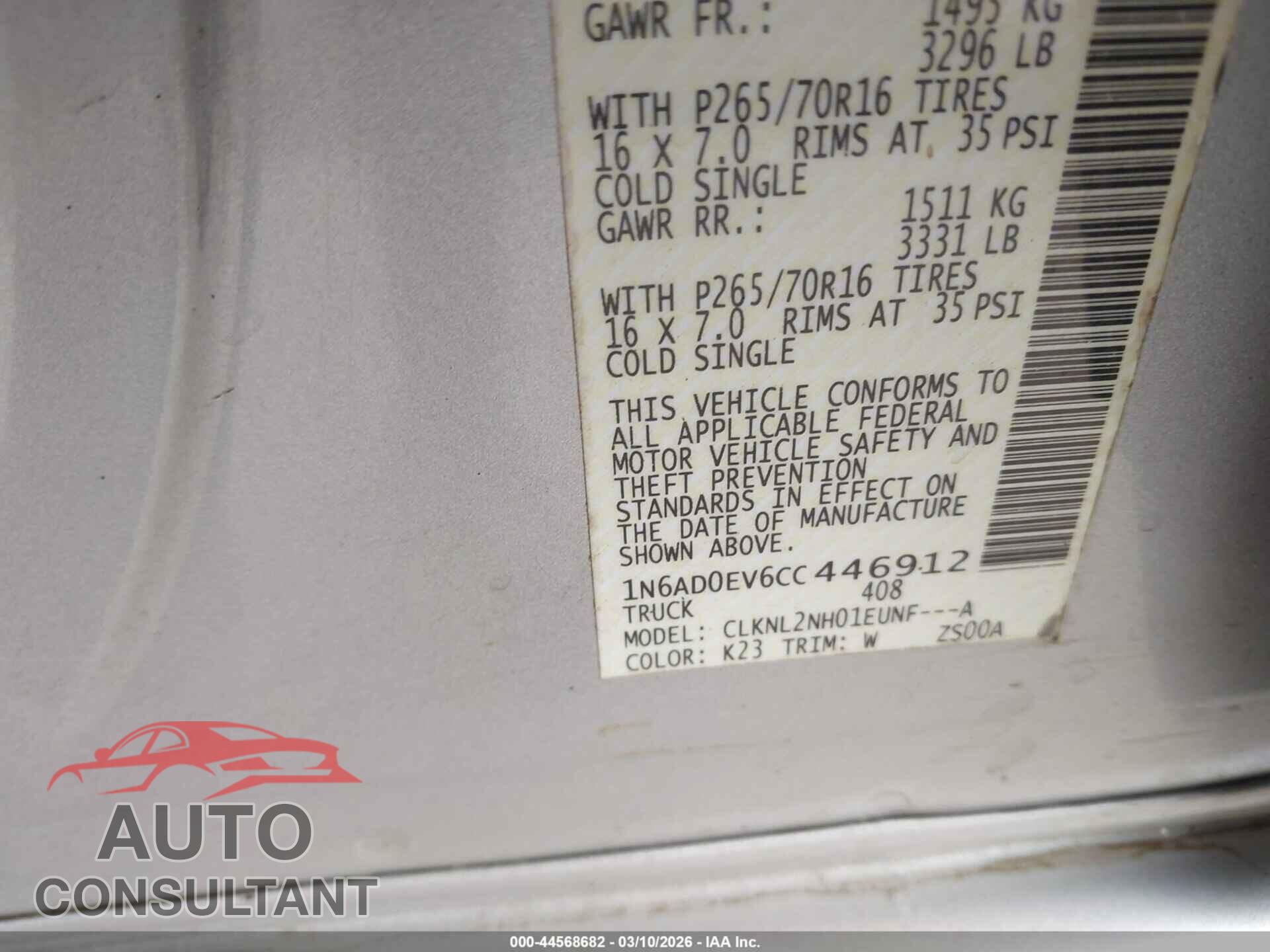 NISSAN FRONTIER 2012 - 1N6AD0EV6CC446912