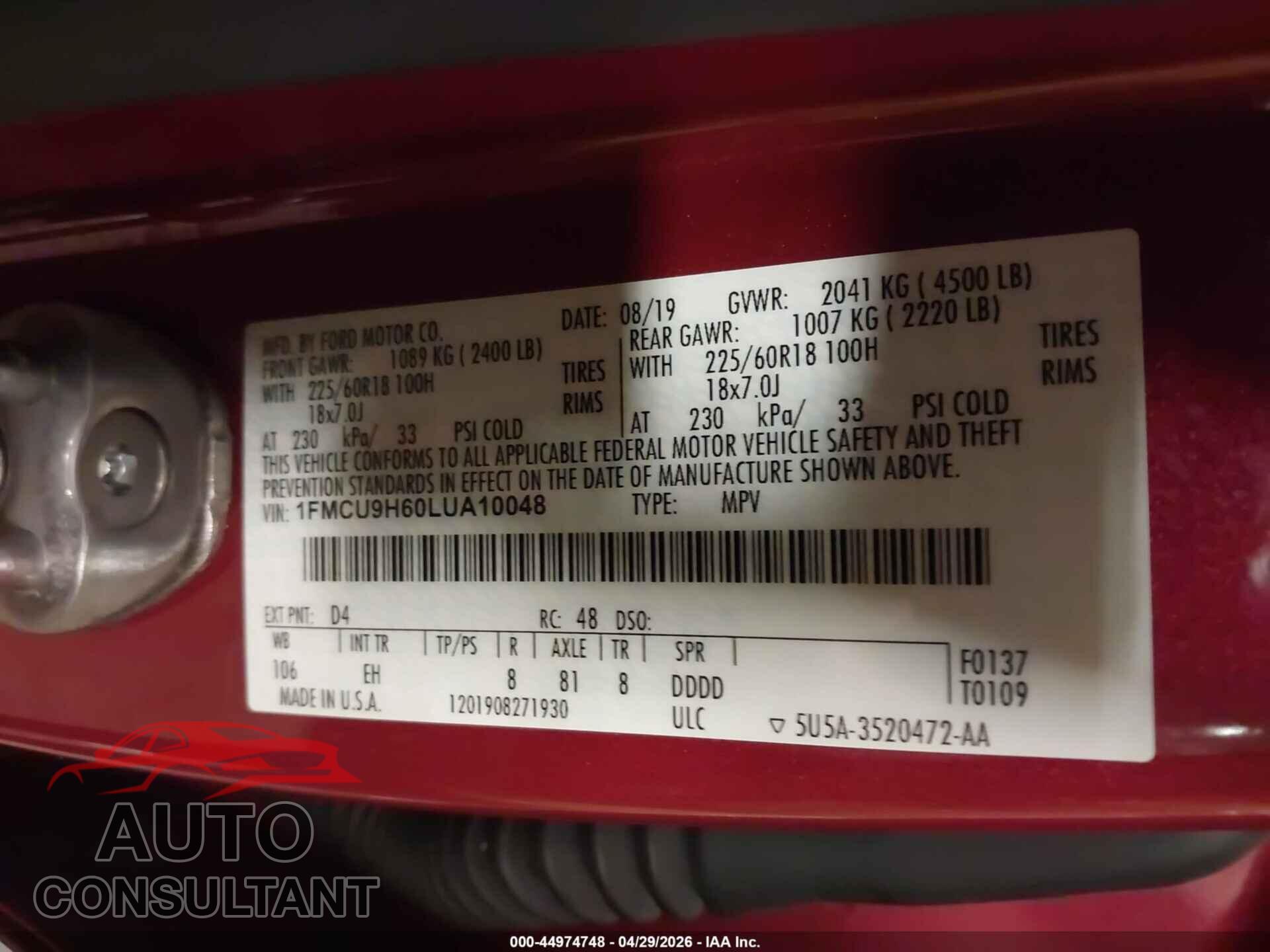 FORD ESCAPE 2020 - 1FMCU9H60LUA10048