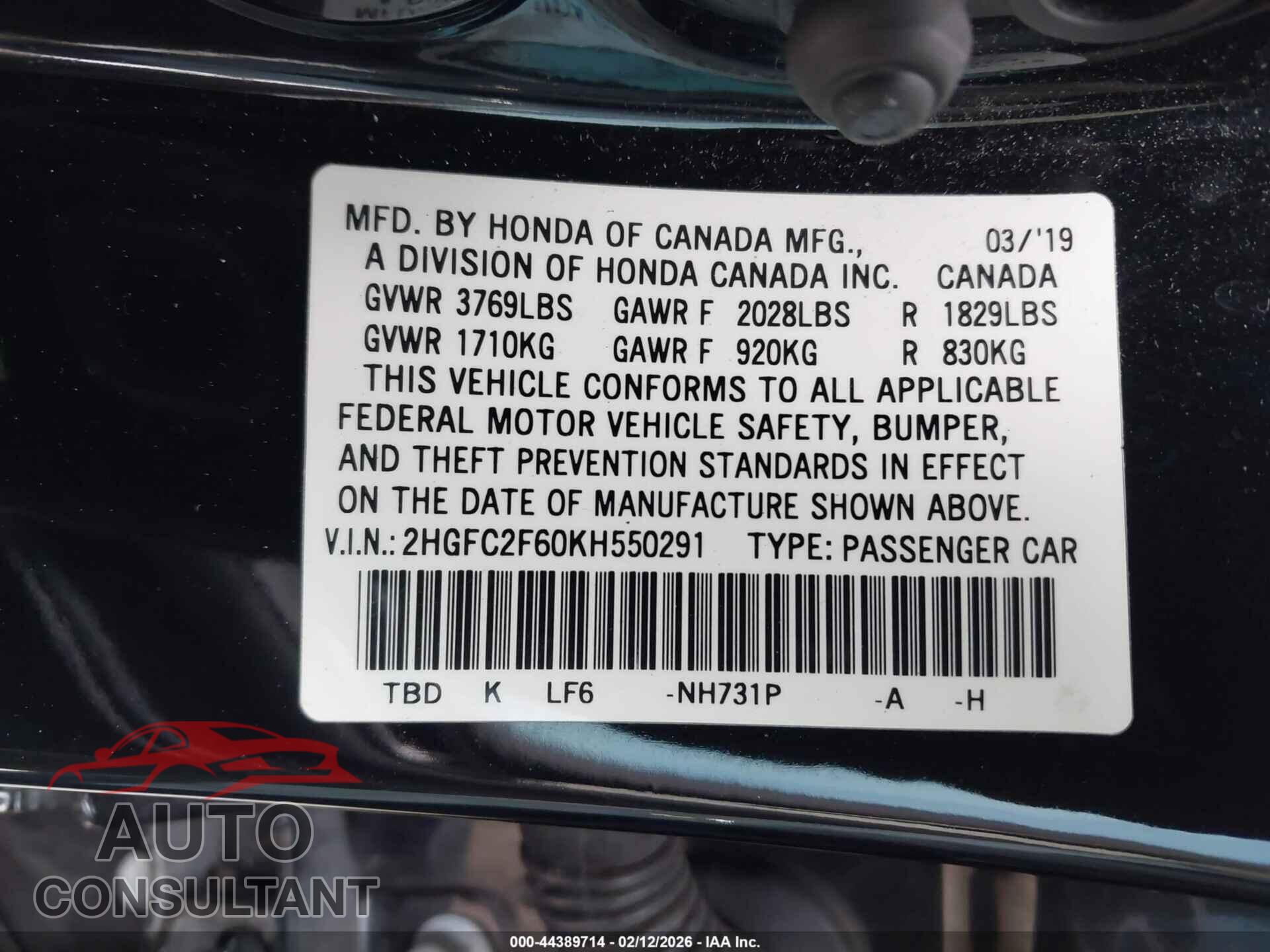 HONDA CIVIC 2019 - 2HGFC2F60KH550291