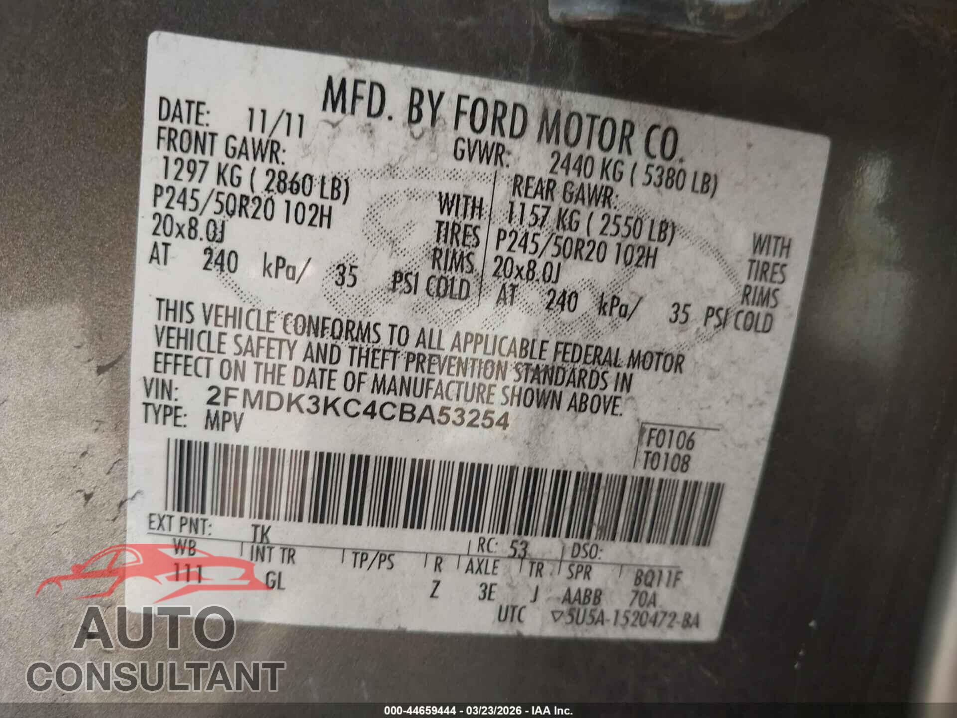 FORD EDGE 2012 - 2FMDK3KC4CBA53254