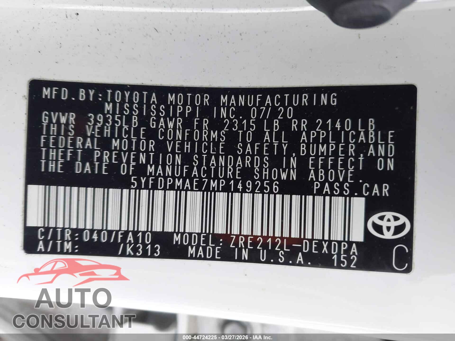 TOYOTA COROLLA 2021 - 5YFDPMAE7MP149256
