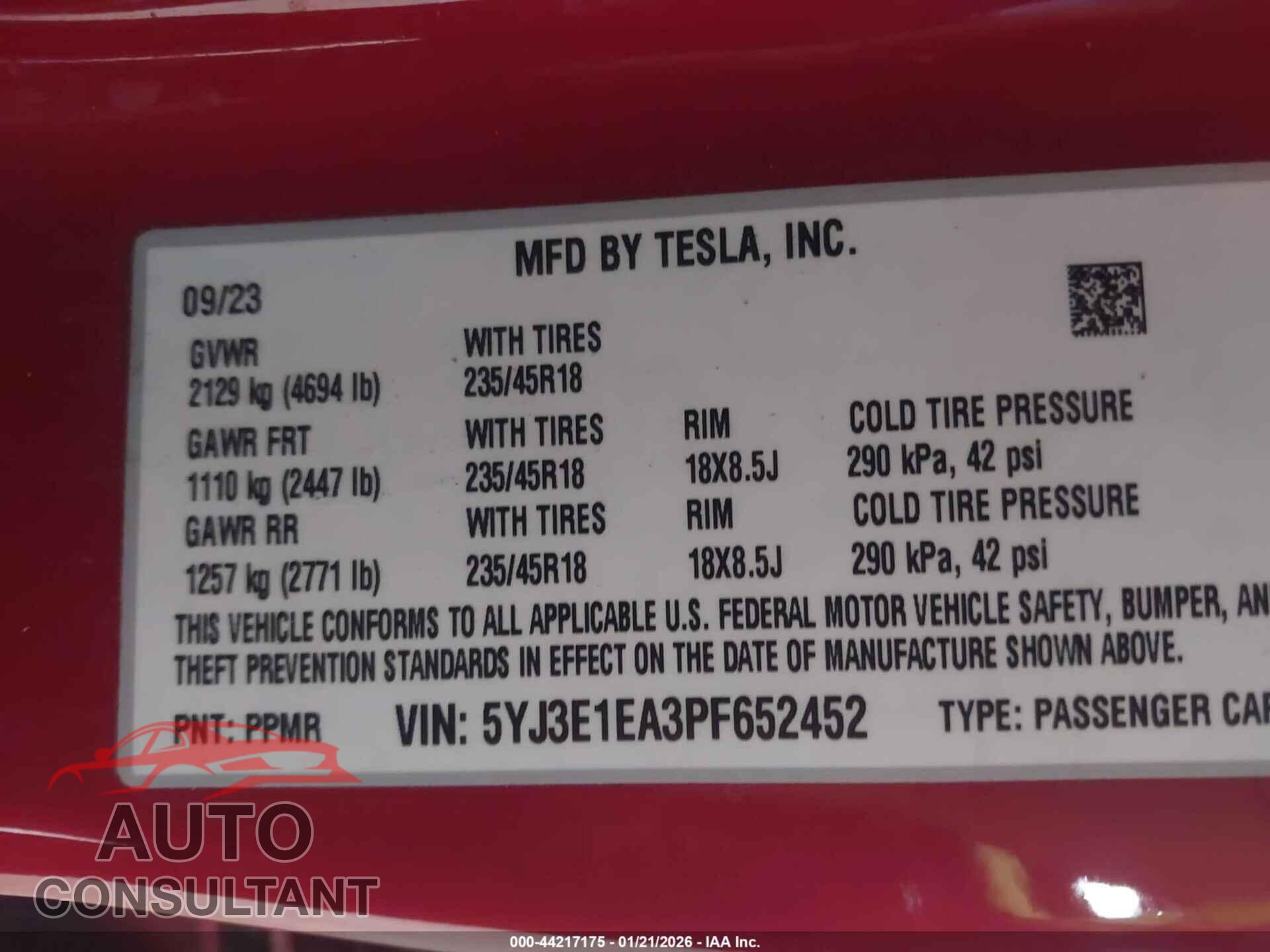 TESLA MODEL 3 2023 - 5YJ3E1EA3PF652452